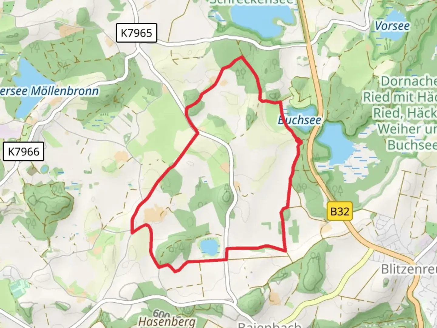 An image depicting the trail Buchsee, Bibersee and Wielatsried Loop and its surrounding area.