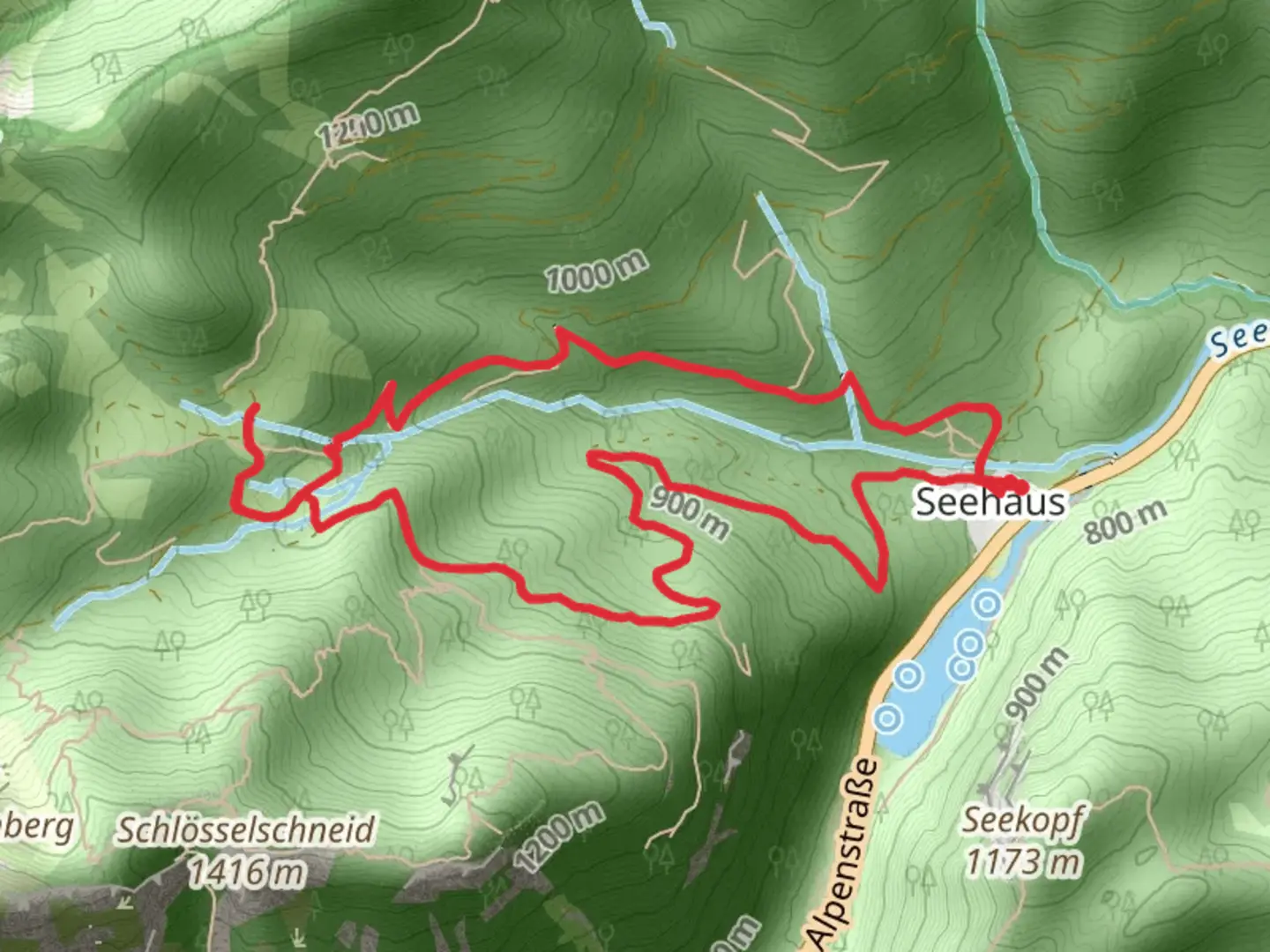 An image depicting the trail Brander Alm Loop via Seehaus and its surrounding area.