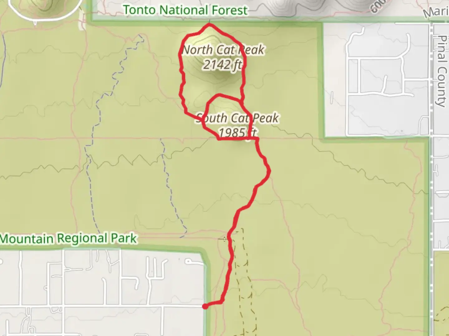 An image depicting the trail Cat's Peaks loop via Spillway Trail and its surrounding area.