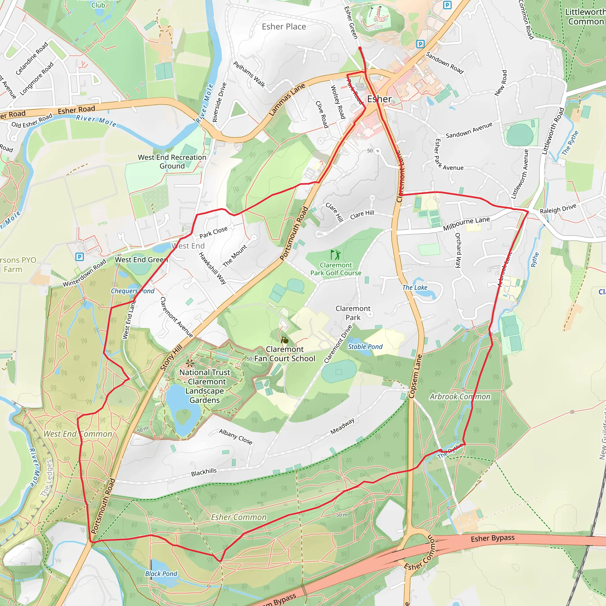 West End Common, Esher Common and Arbrook Common Loop mobile static map