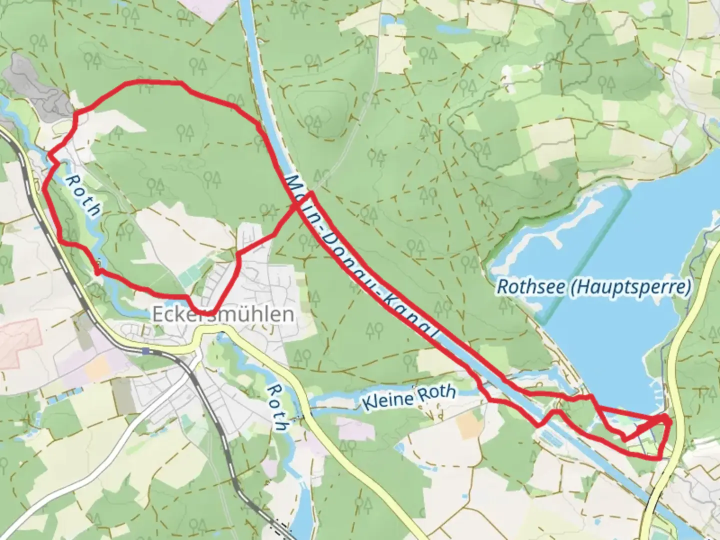 An image depicting the trail Main Donau Kanal via Rund um Heuberg and its surrounding area.