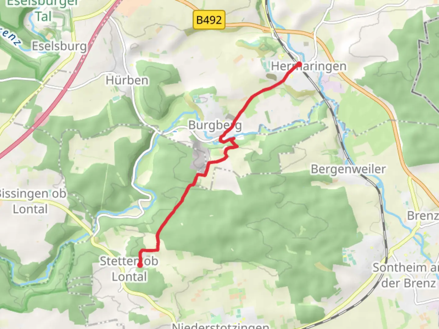 An image depicting the trail Hermaringen to Stetten ob Lontal and its surrounding area.