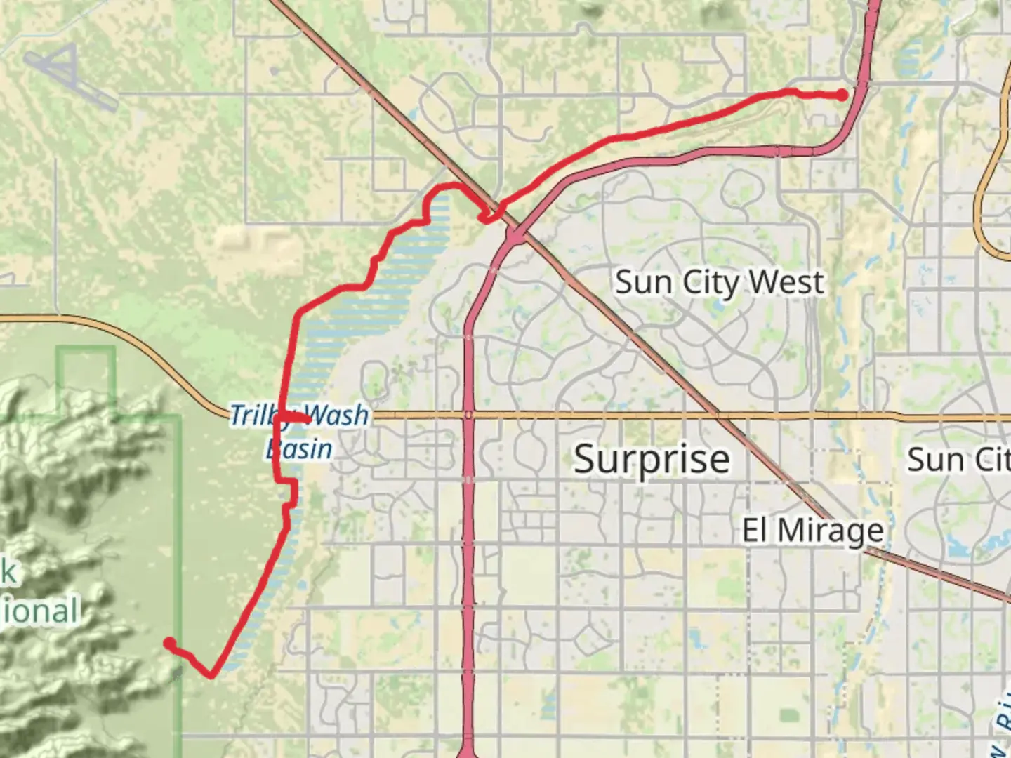 An image depicting the trail Trilby Wash via Maricopa Trail and its surrounding area.