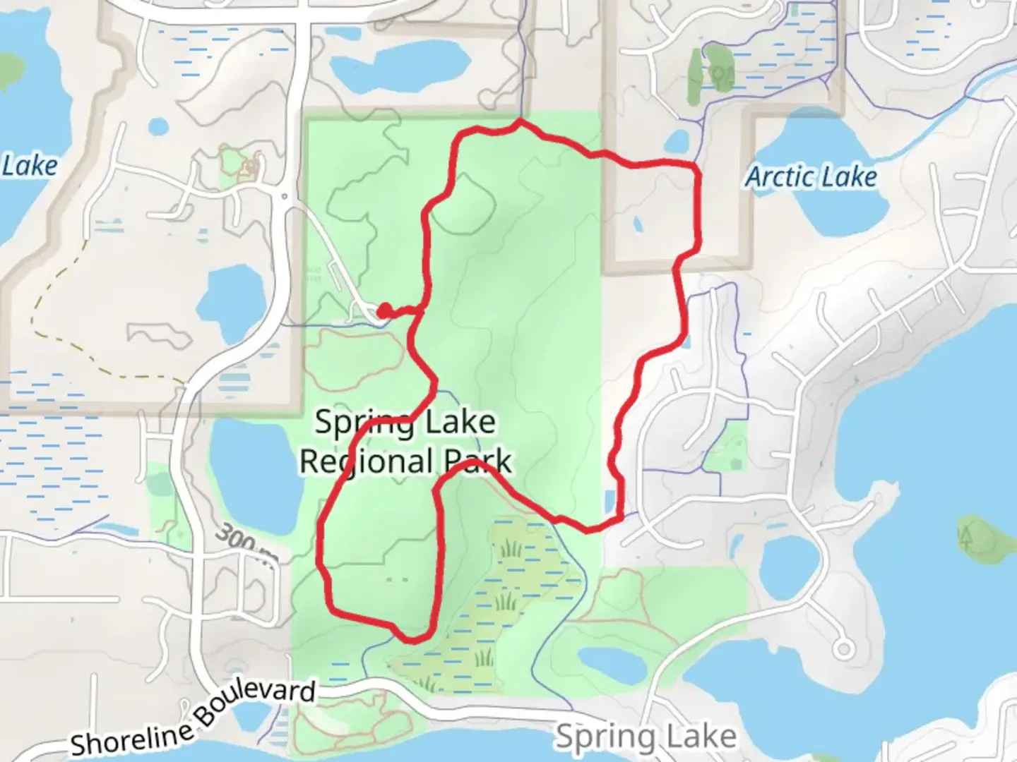 An image depicting the trail Spring Lake Regional Park Loop and its surrounding area.