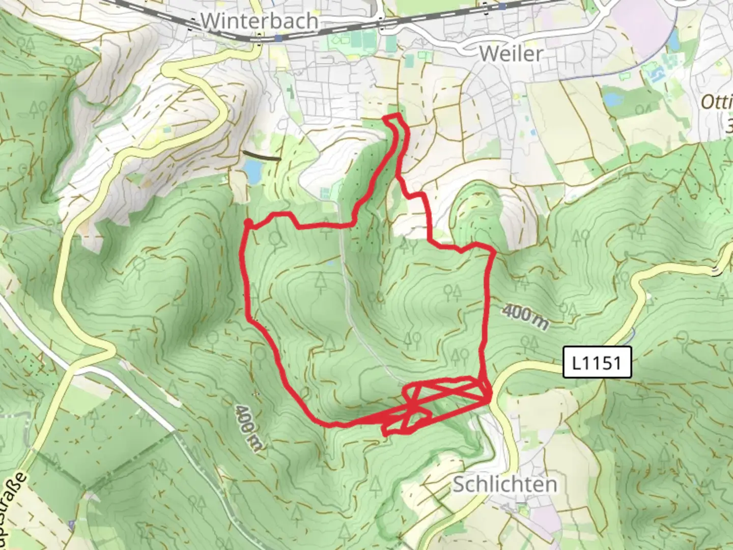 An image depicting the trail Heidenrain and Beutersberg Loop and its surrounding area.