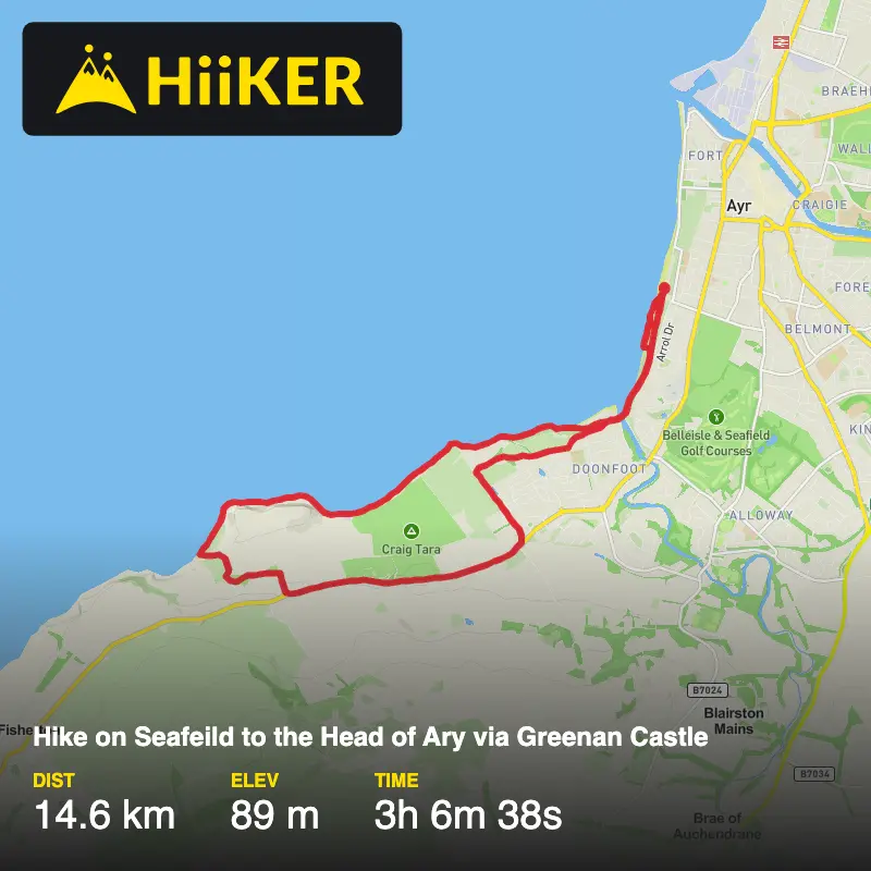 A map preview of the recording Hike on Seafeild to the Head of Ary via Greenan Castle.