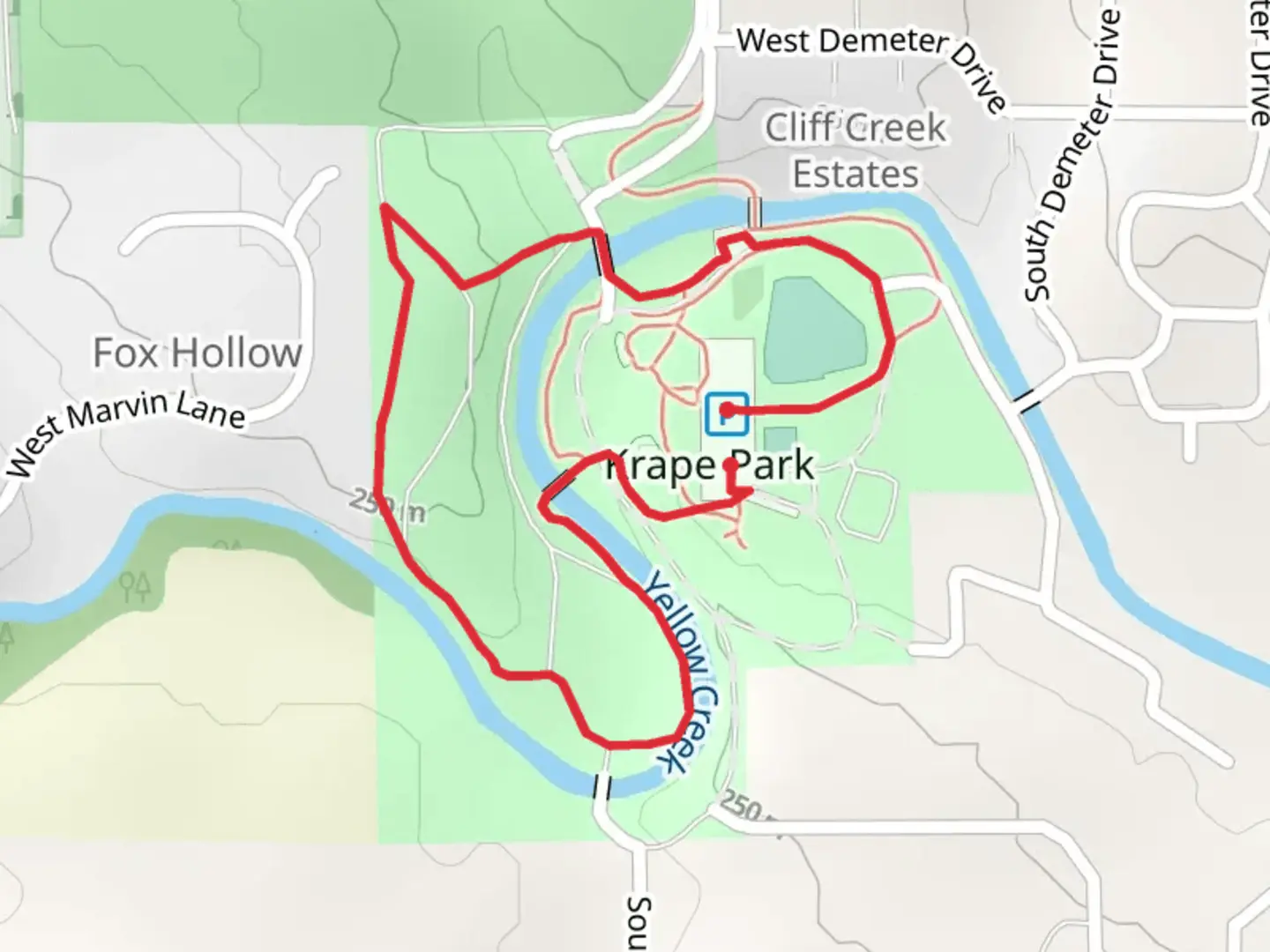 An image depicting the trail Krape Park Loop and its surrounding area.