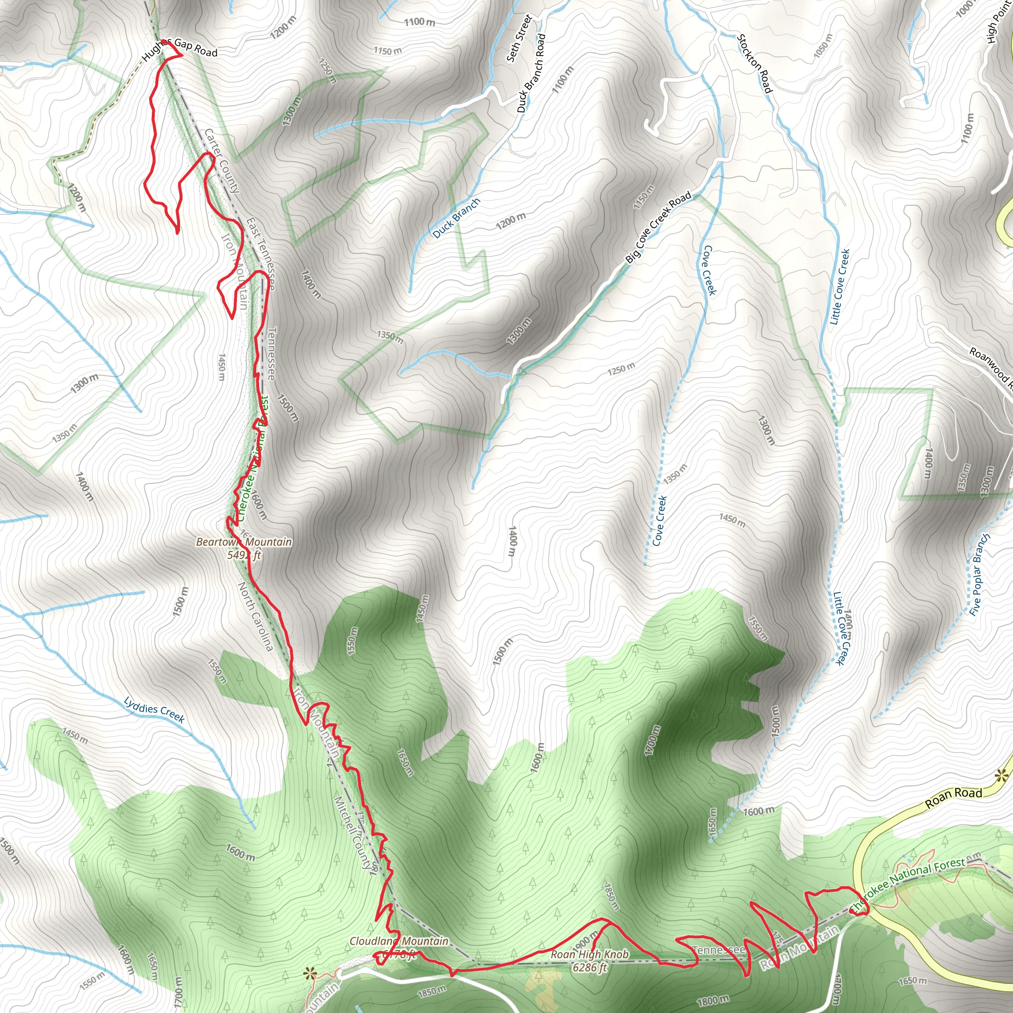 Beartown Mountain, Cloudland Mountain and Roan High Knob via Appalachian Trail mobile static map