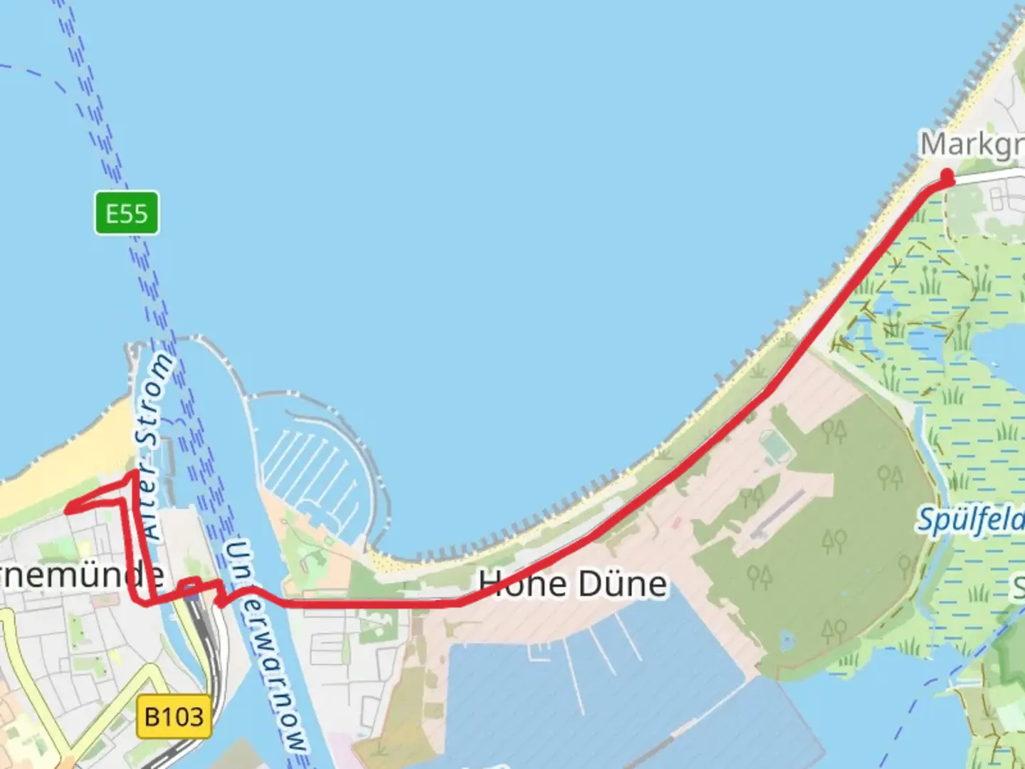 An image depicting the trail Alter Strom and Strandpromenade Warnemunde via Thalasso Kurweg and its surrounding area.
