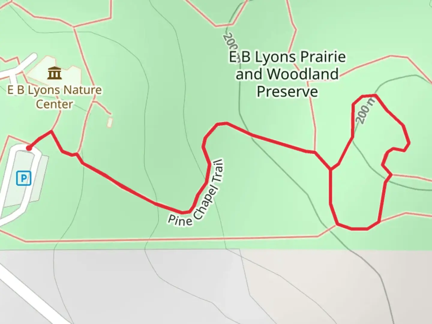 An image depicting the trail E B Lyons Prairie and Woodland Preserve Short Loop - South and its surrounding area.