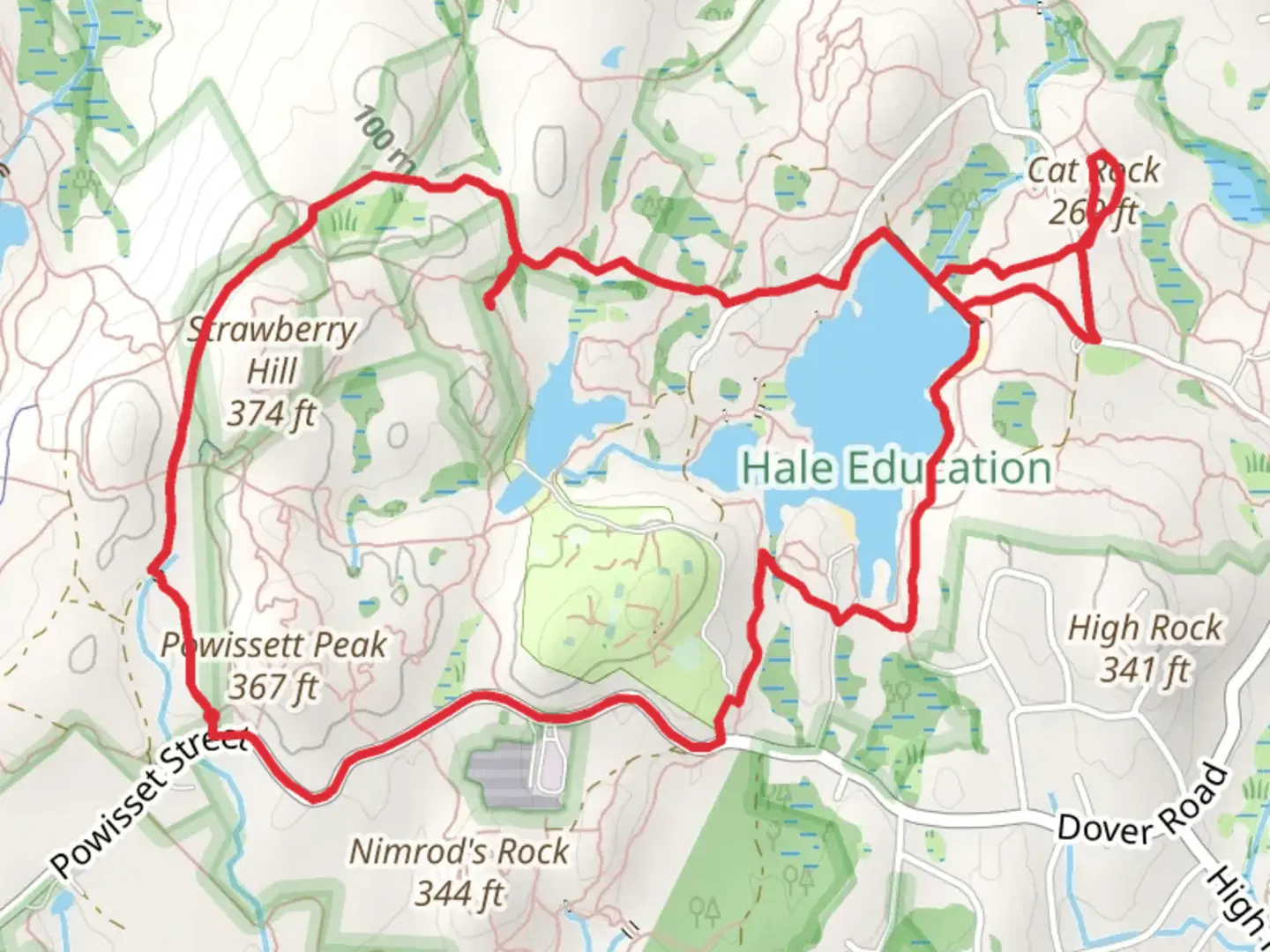 An image depicting the trail Powissett Peak, Strawberry Hill and Noanet Pond Loop and its surrounding area.