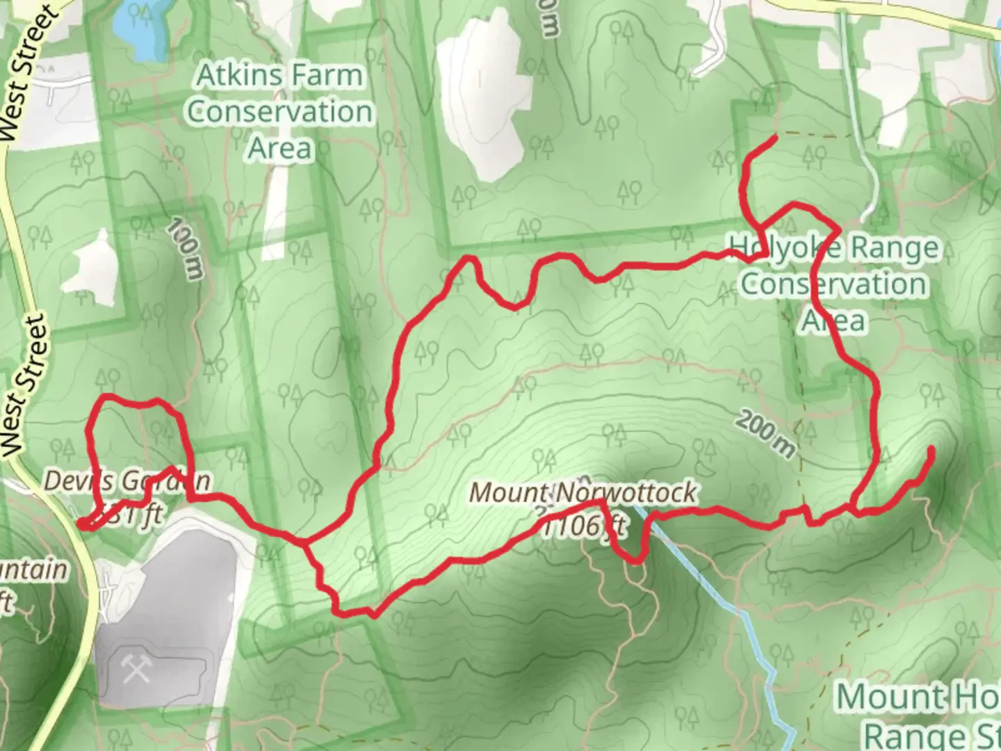 An image depicting the trail Devils Garden and Mount Norwottock Loop via North Side and its surrounding area.