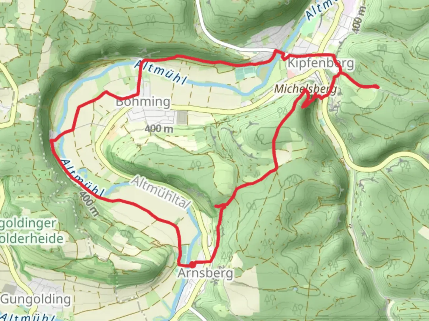 An image depicting the trail Schmetterlingsweg and Altmuehl and its surrounding area.