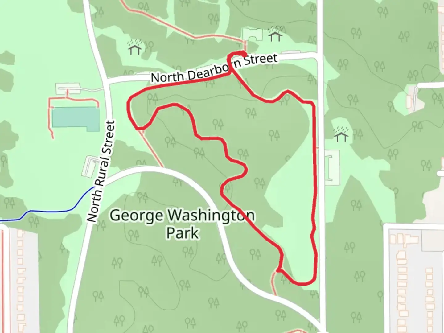 An image depicting the trail George Washington Park Loop and its surrounding area.
