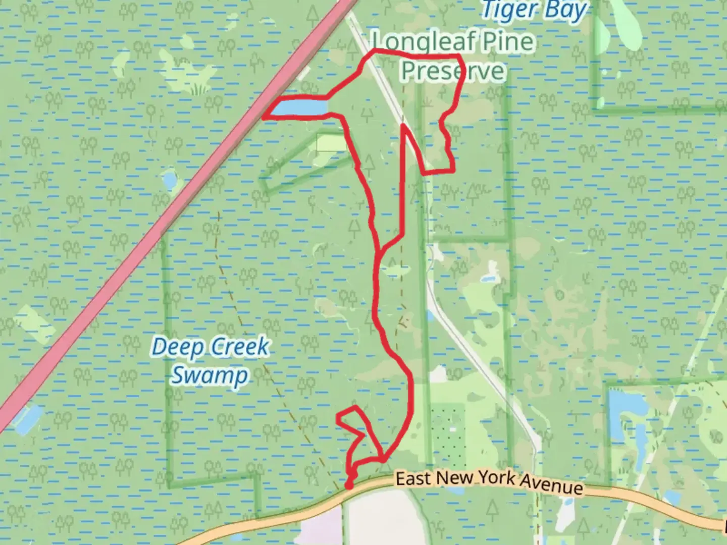 An image depicting the trail Red and Longleaf Pine Preserve Blue Loop Trail and its surrounding area.