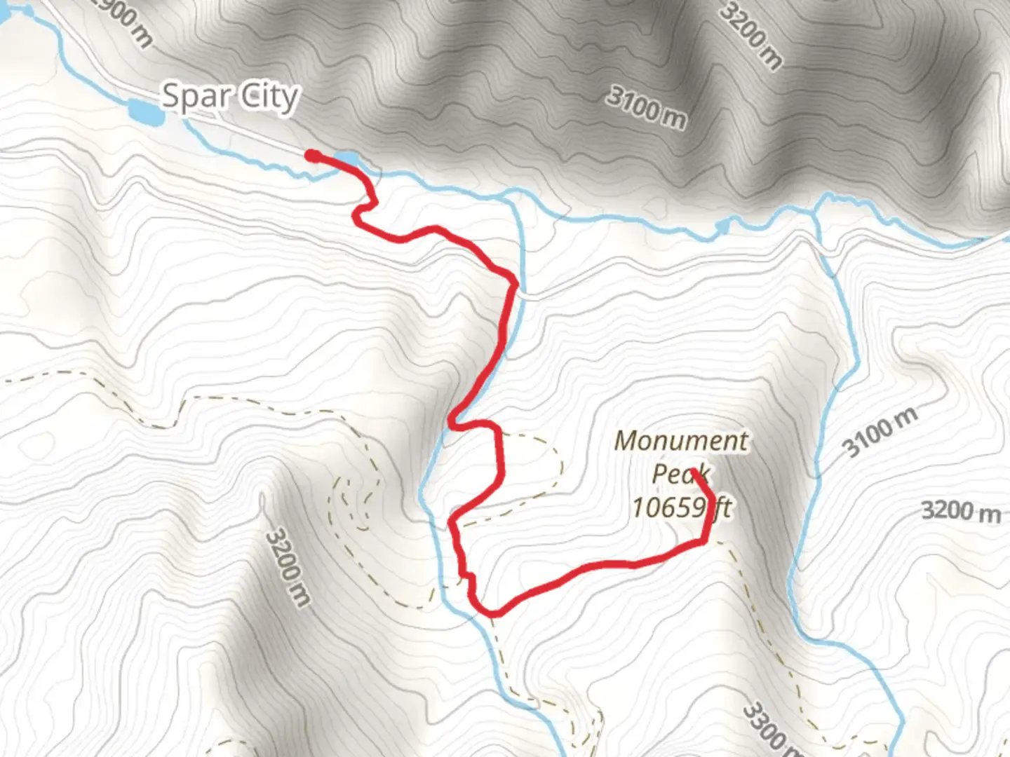 An image depicting the trail Monument Peak via Lime Creek and its surrounding area.