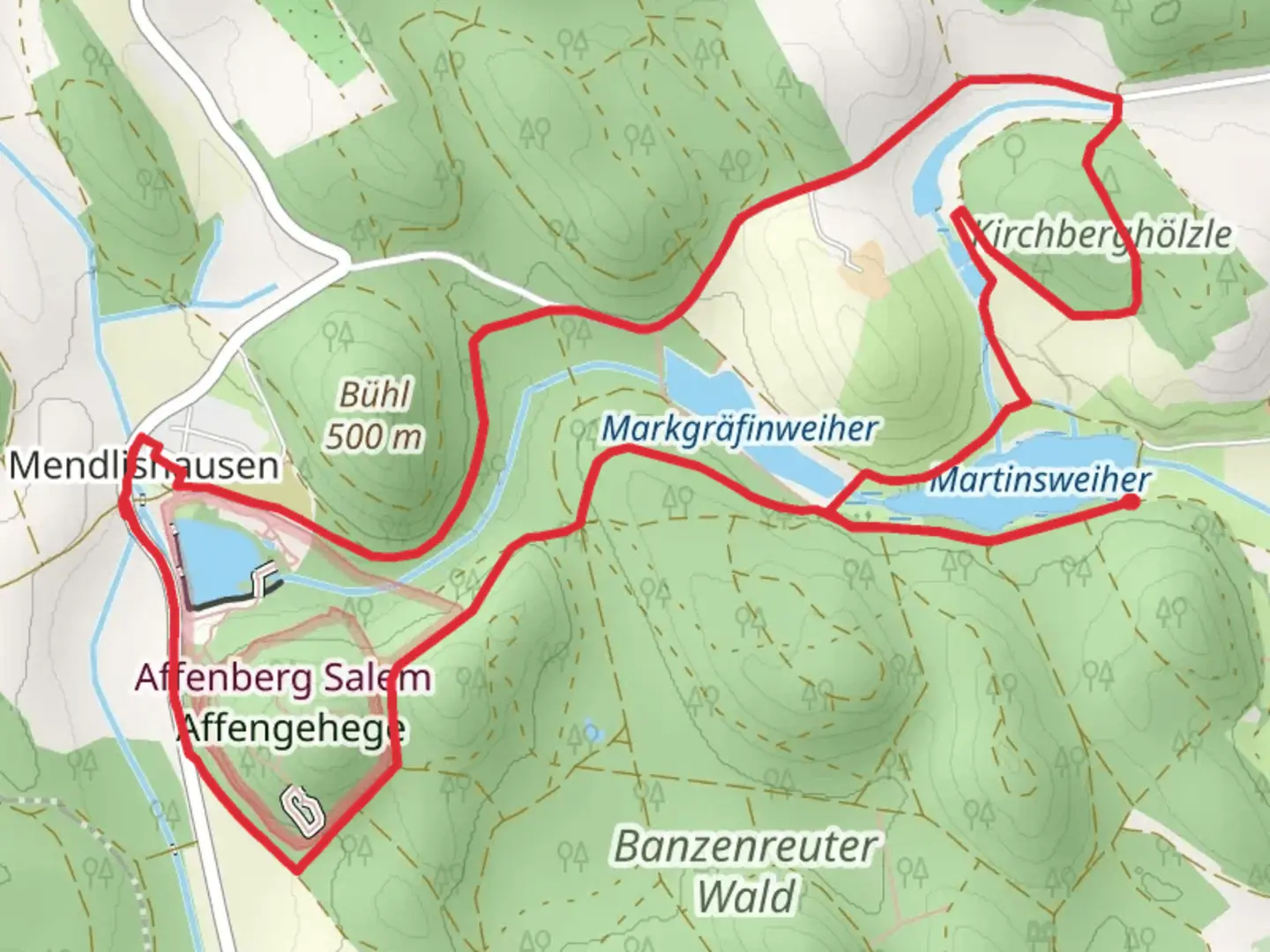 An image depicting the trail Martinsweiher, Affenberg and Mendlishauser Weiher Loop and its surrounding area.