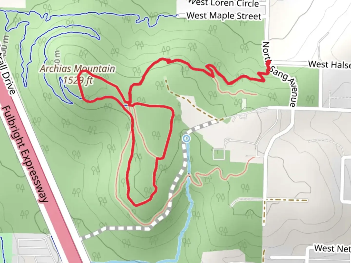 An image depicting the trail Archias Mountain via Oak Loop and Pine Loop and its surrounding area.