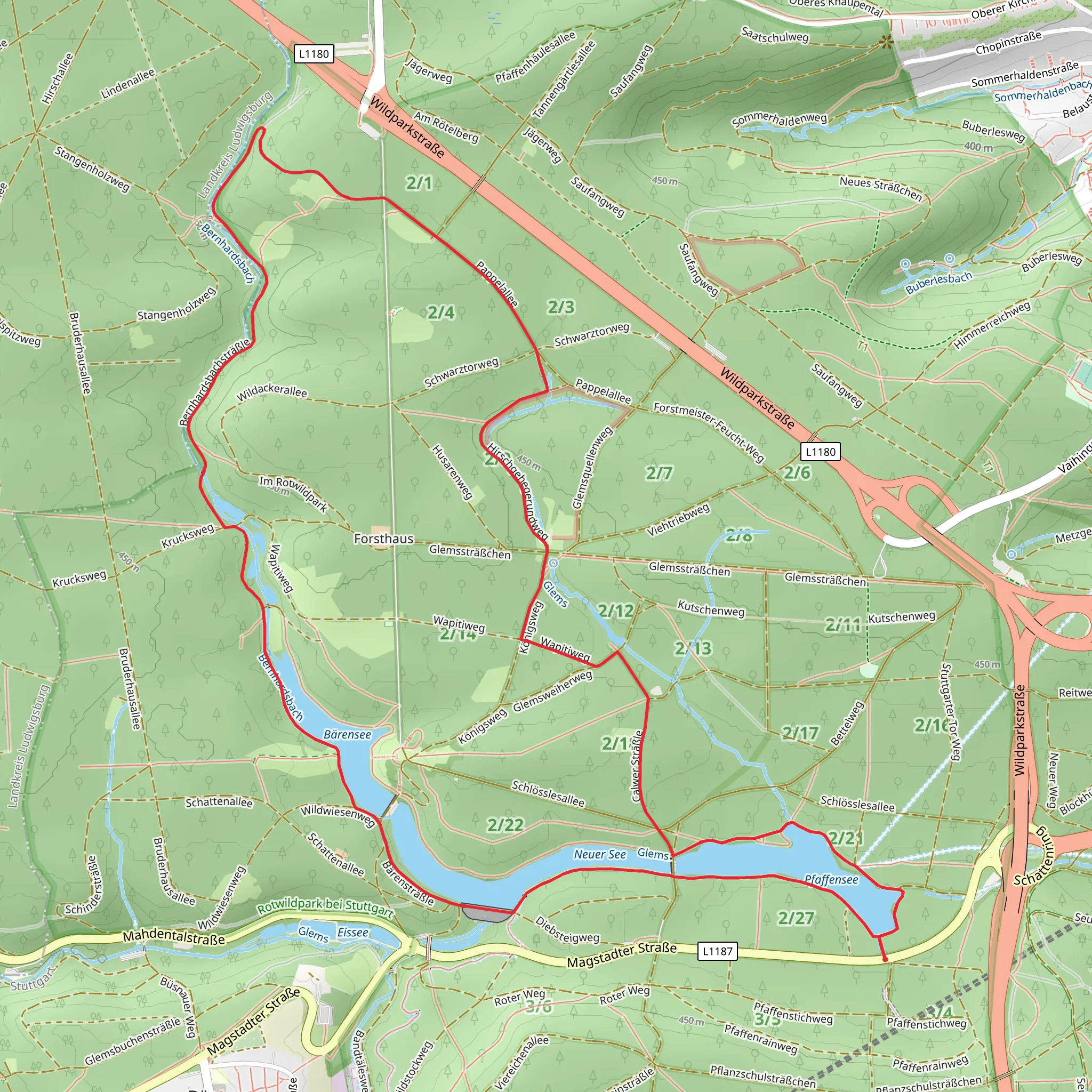 Pfaffensee, Rotwildpark bei Stuttgart and Bärensee Loop mobile static map