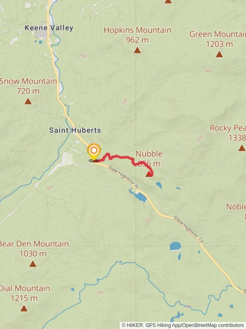 An image depicting the trail Nubble Summit via Roaring Brook Trail and its surrounding area.