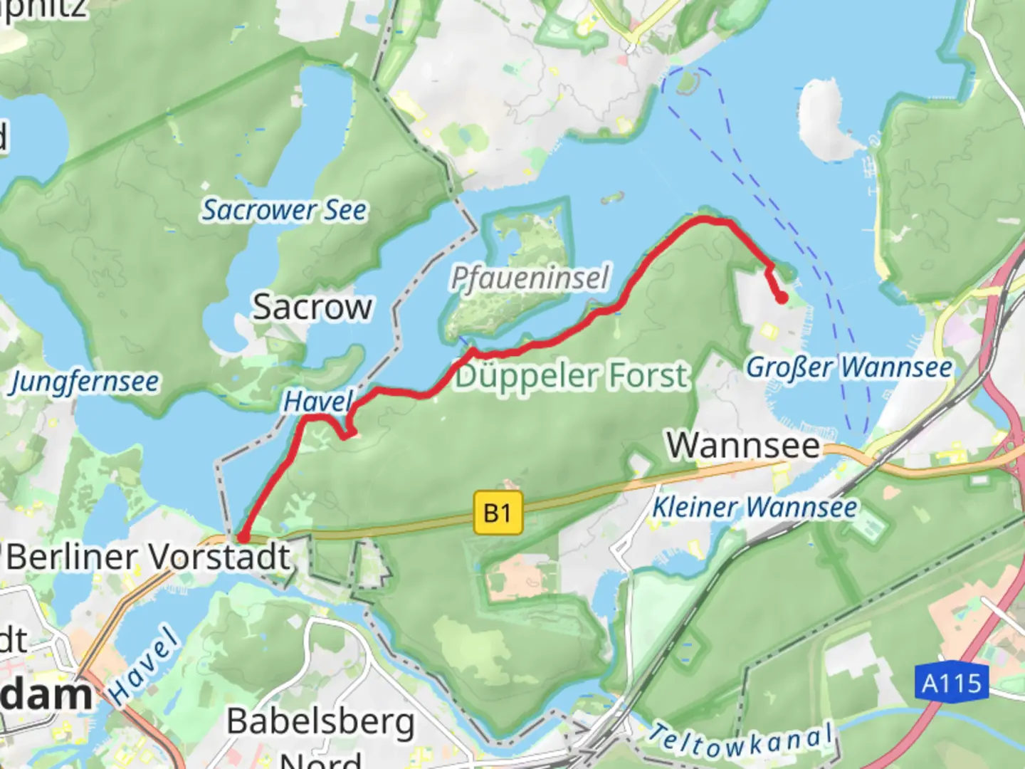 An image depicting the trail Jungfernsee and Duppeler Forst Walk and its surrounding area.