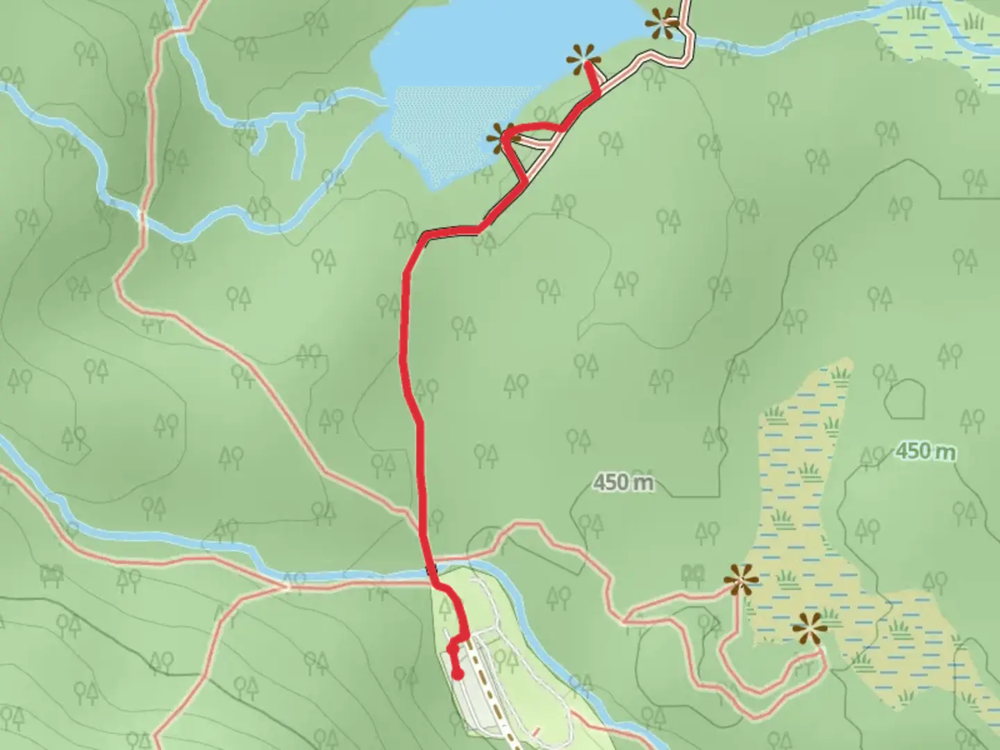 An image depicting the trail Sandy Stream Pond Trail from Roaring Brook Campground and its surrounding area.