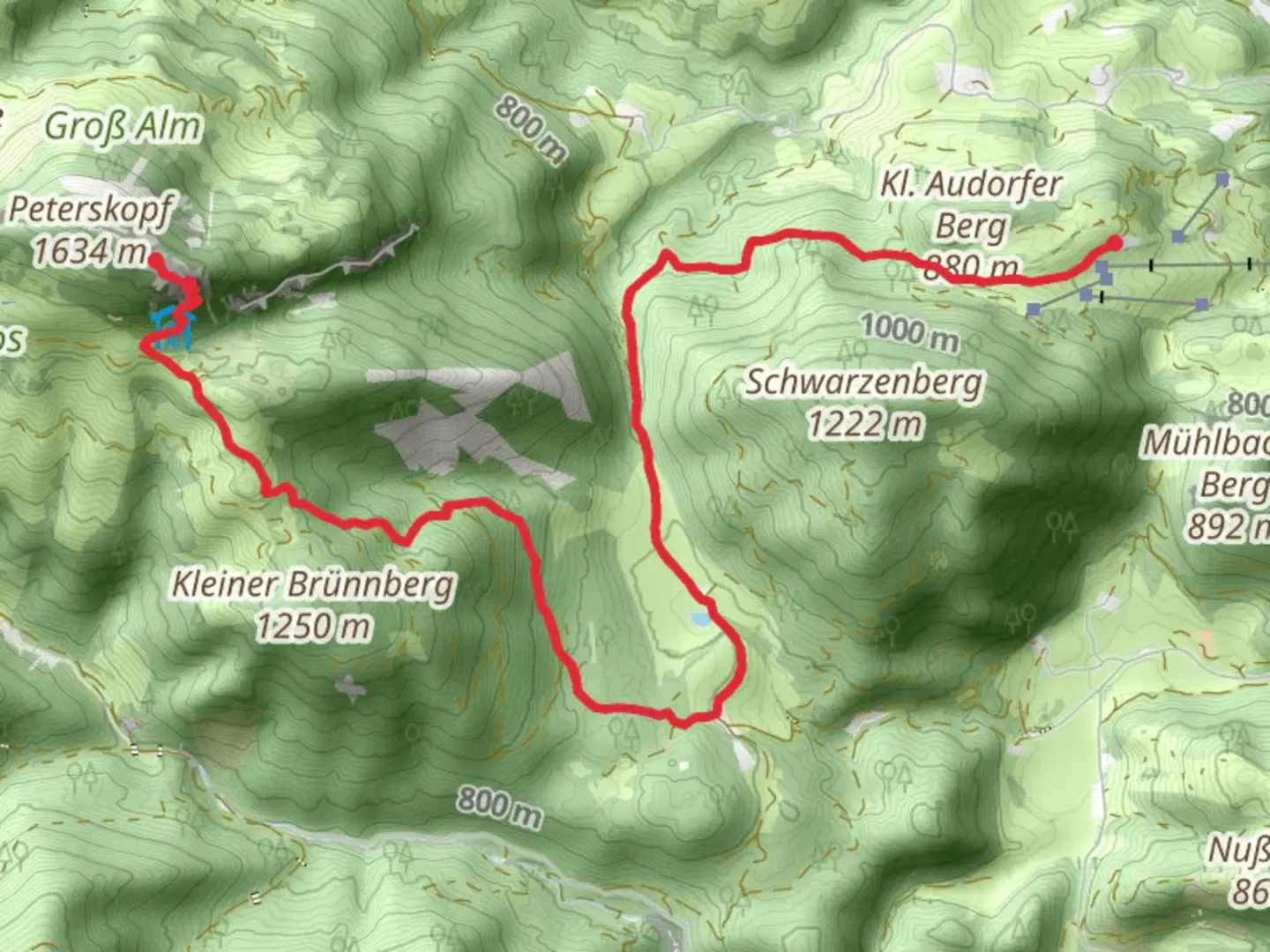 An image depicting the trail Hocheck to Bruennstein via Wanderweg Bruennstein and its surrounding area.