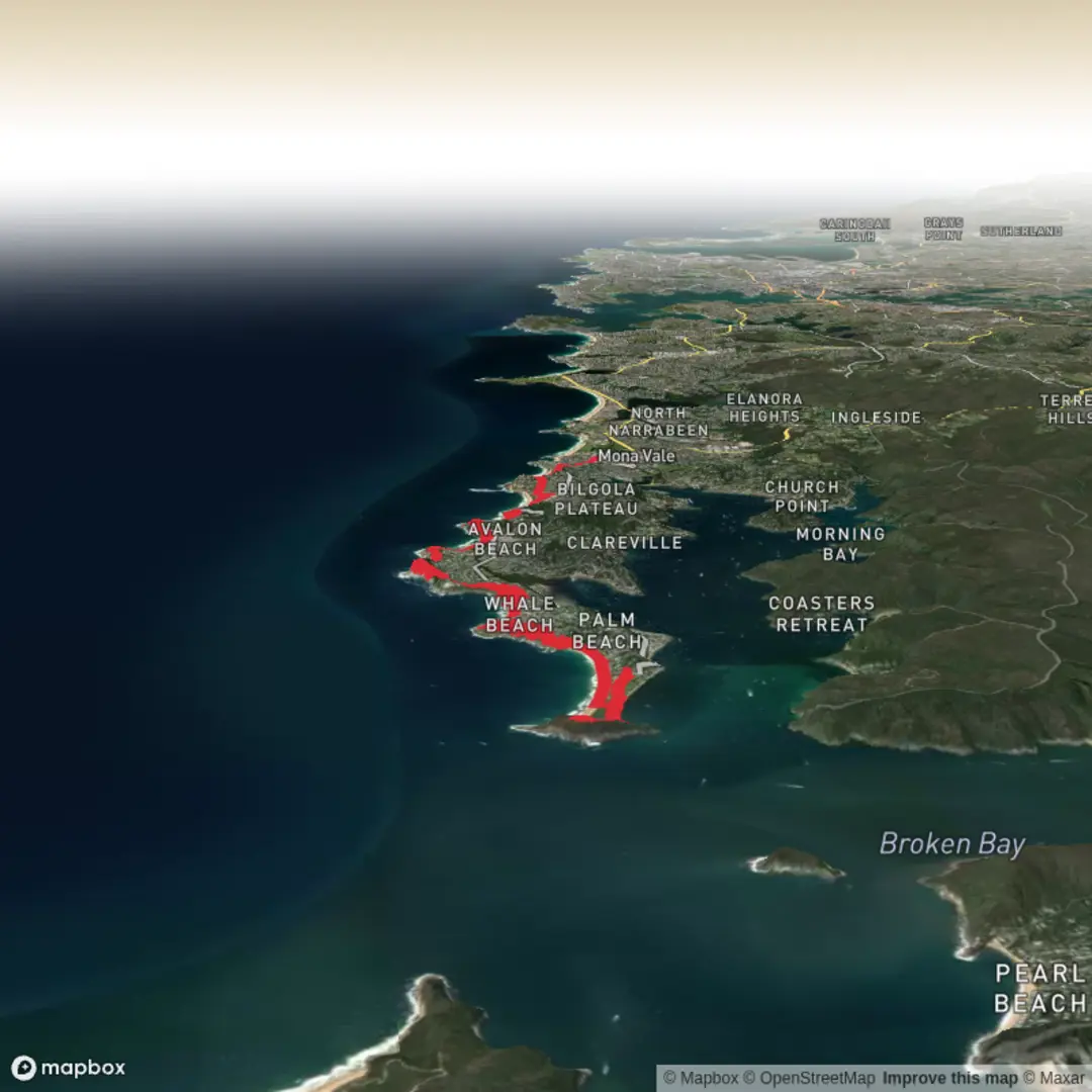 An image depicting the trail Palm Beach - Mona Vale and its surrounding area.