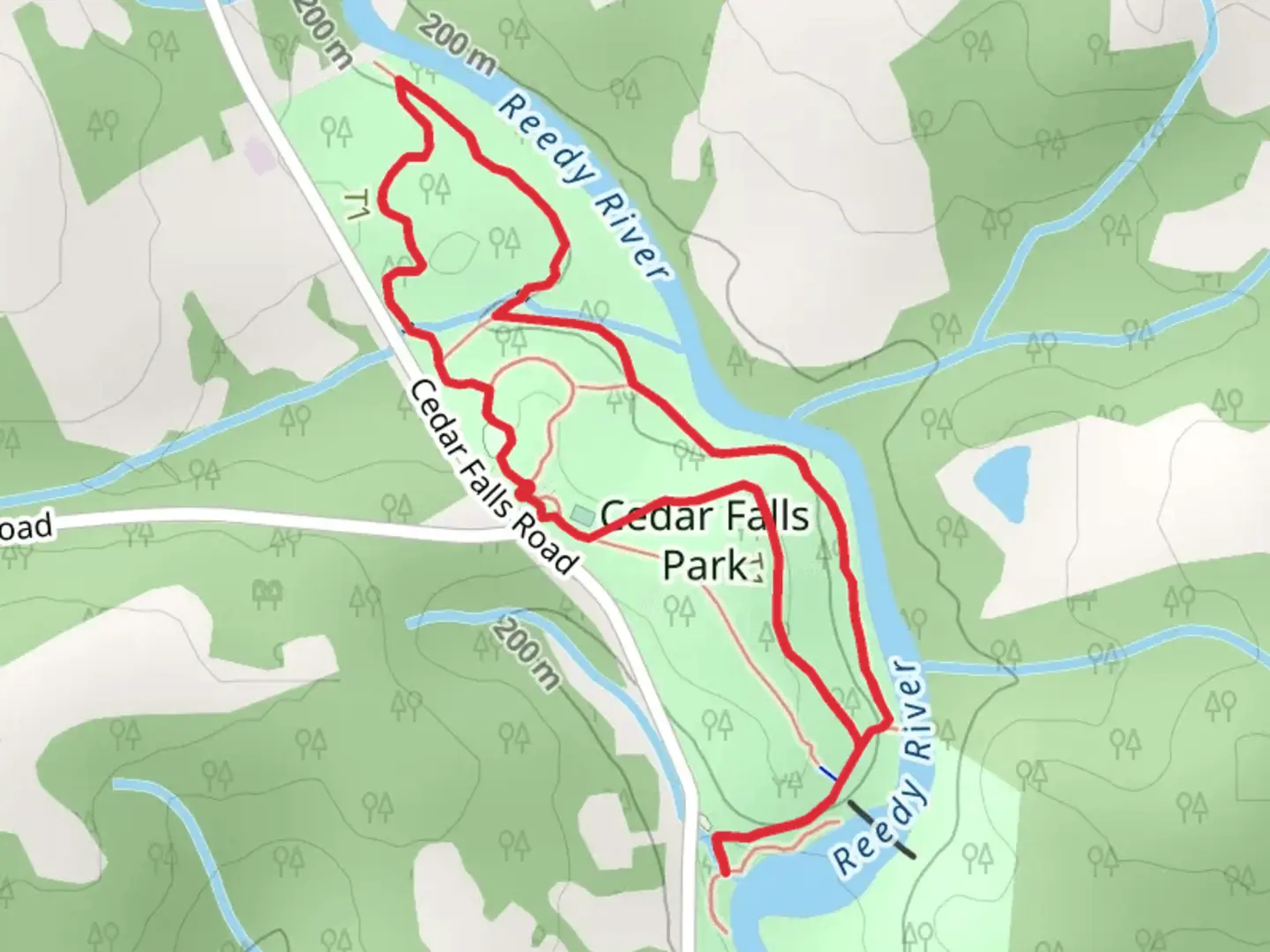 An image depicting the trail Cedar Falls Park Loop and its surrounding area.