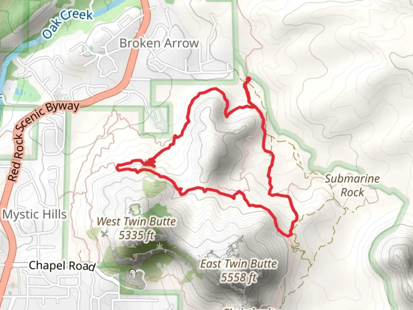 An image depicting the trail Broken Arrow, Hog Heaven and Hog Wash Loop Trail and its surrounding area.