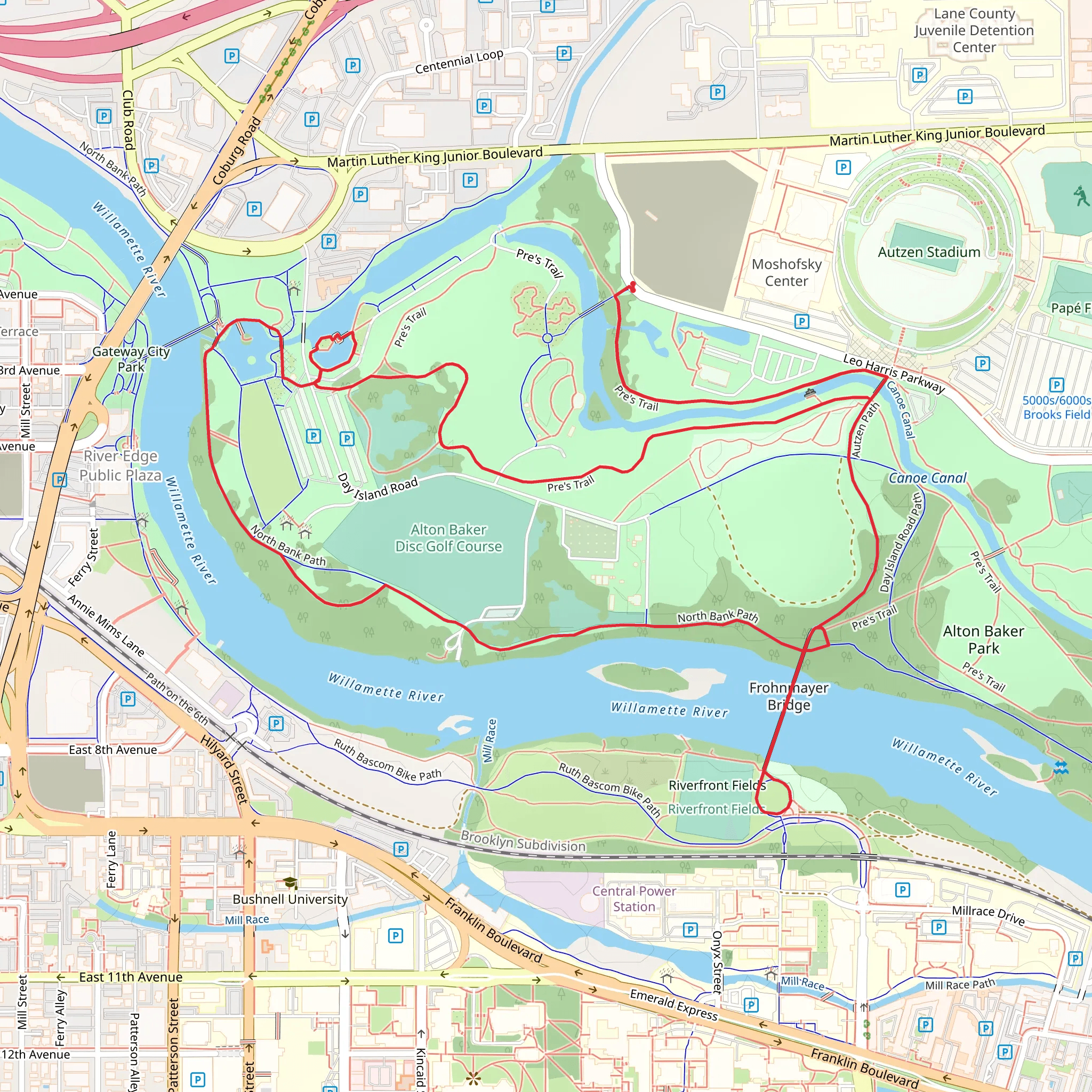 Pre's Trail, North Bank Path and Frohnmayer Bridge Walk mobile static map