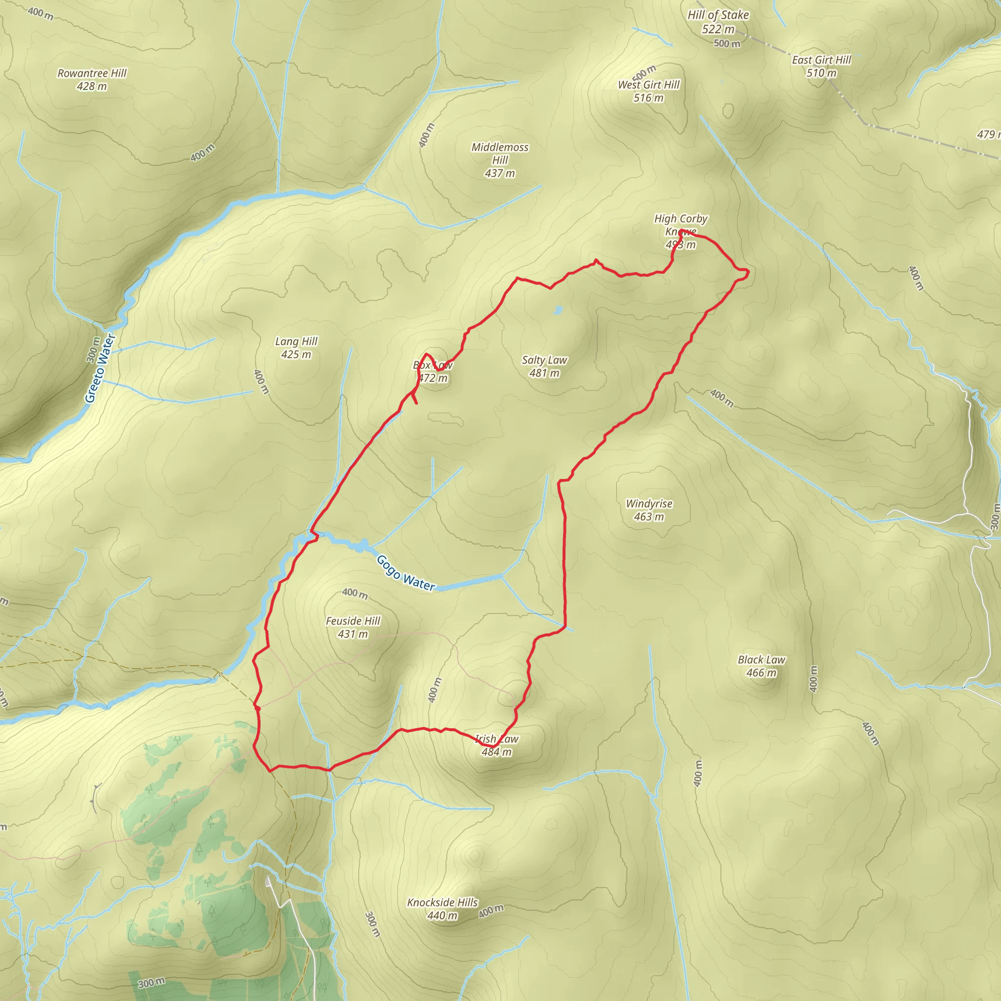 Irish Law High Corby Knowe and Box Law Hills mobile static map