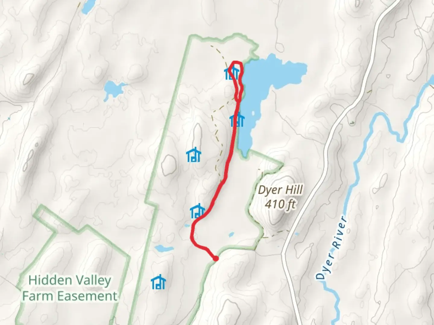 An image depicting the trail Little Dyer Pond from Egypt Road and its surrounding area.