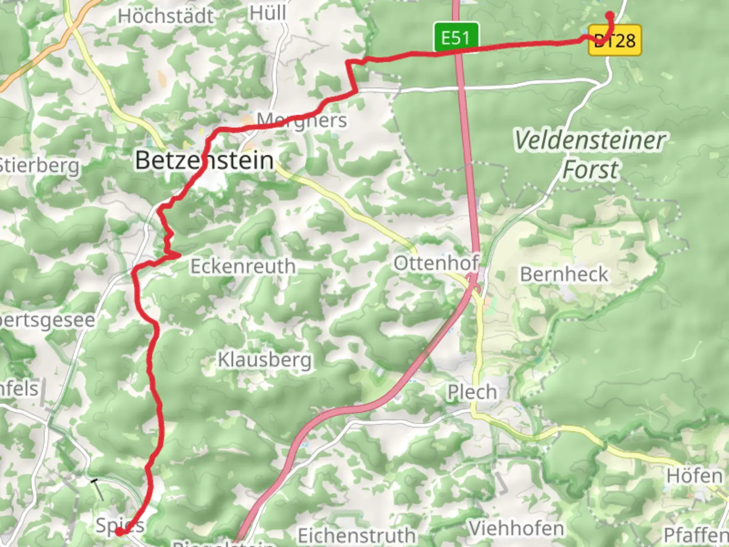 An image depicting the trail Spies - Wildgehege Hufeisen and its surrounding area.