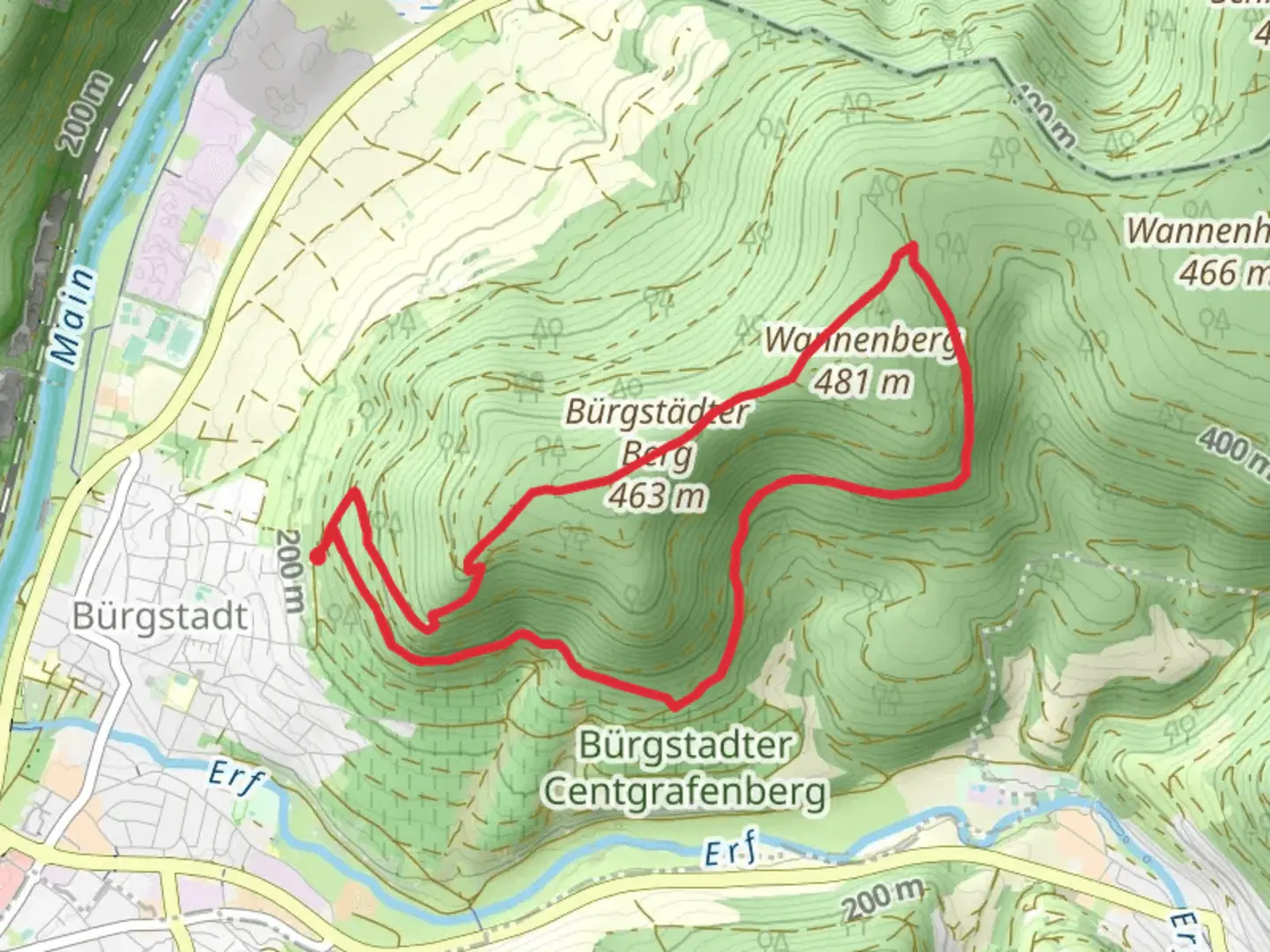 An image depicting the trail Bürgstadter Berg via Nibelungensteig and Buergstast and its surrounding area.