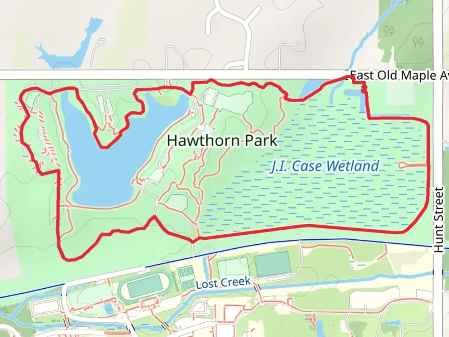 An image depicting the trail Maple Avenue Lake and J I Case Loop and its surrounding area.
