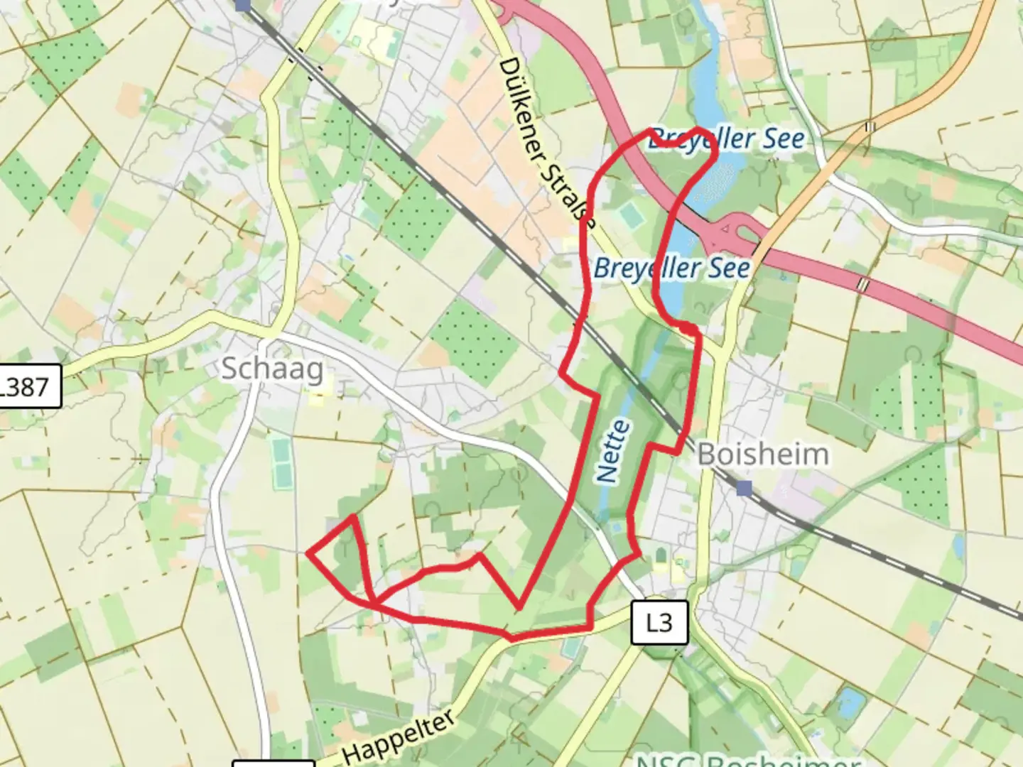 An image depicting the trail Kreuzgarten and Breyeller See Runde and its surrounding area.