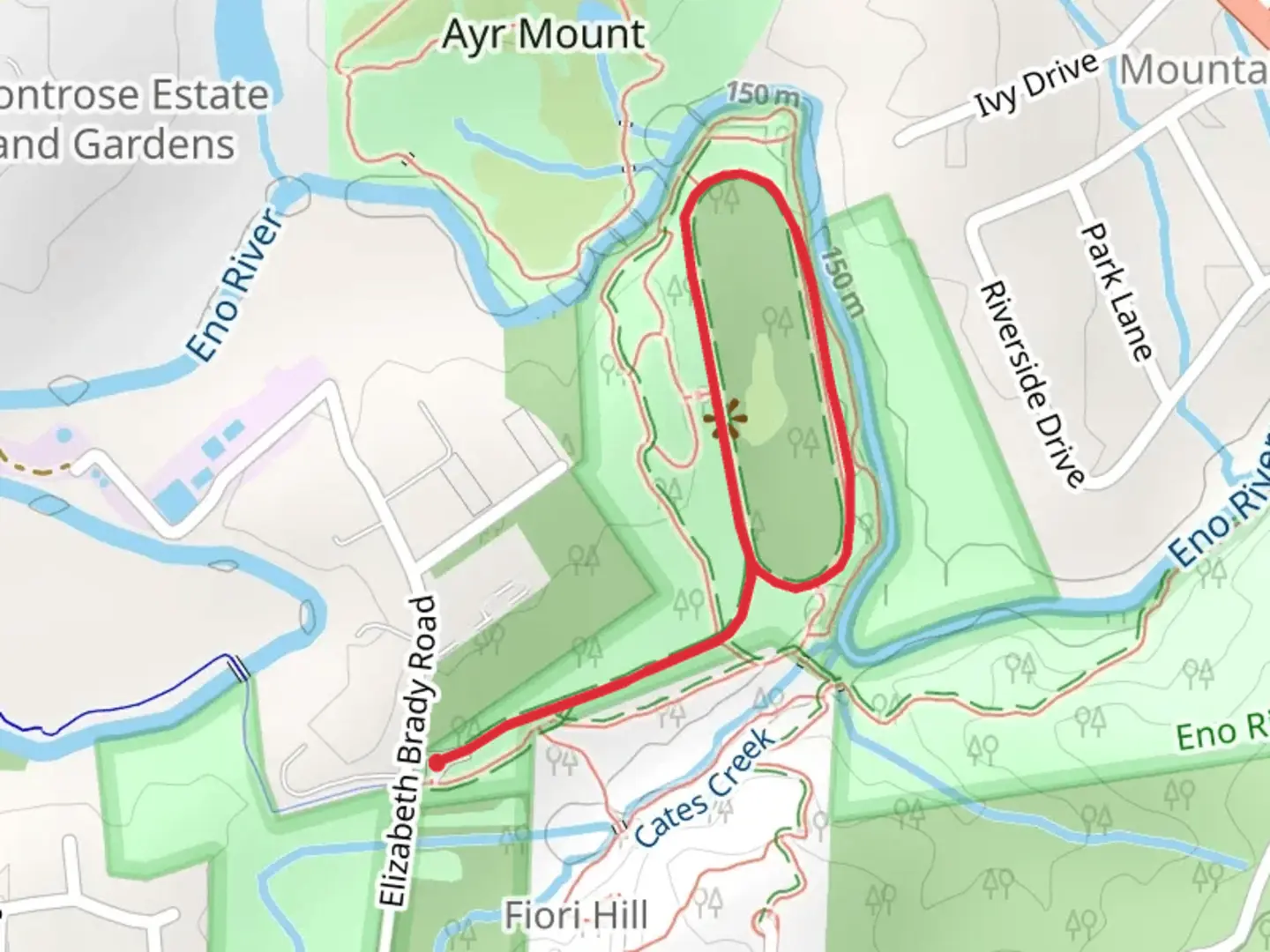 An image depicting the trail Occoneechee Speedway Loop via Hillsborough Riverwalk and its surrounding area.