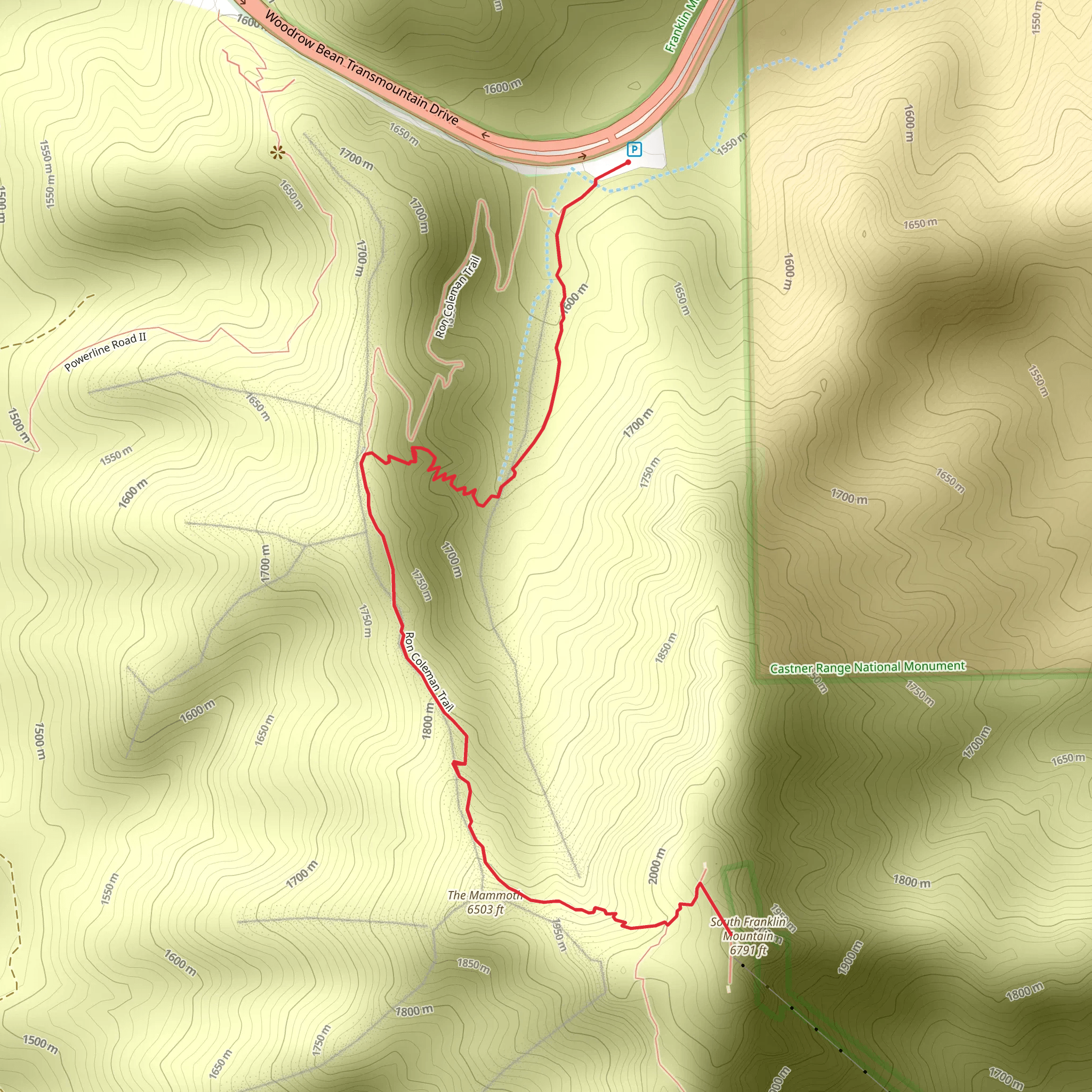 South Franklin Mountain via Ron Coleman Trail from Woodrow Bean Transmountain Road mobile static map