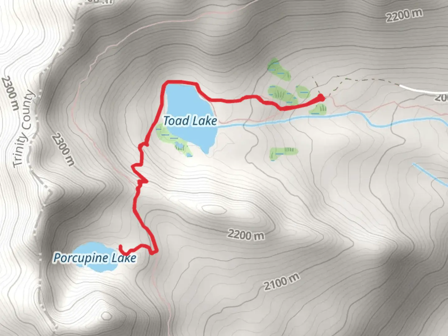 An image depicting the trail Porcupine Lake via Toad Lake Trail and its surrounding area.