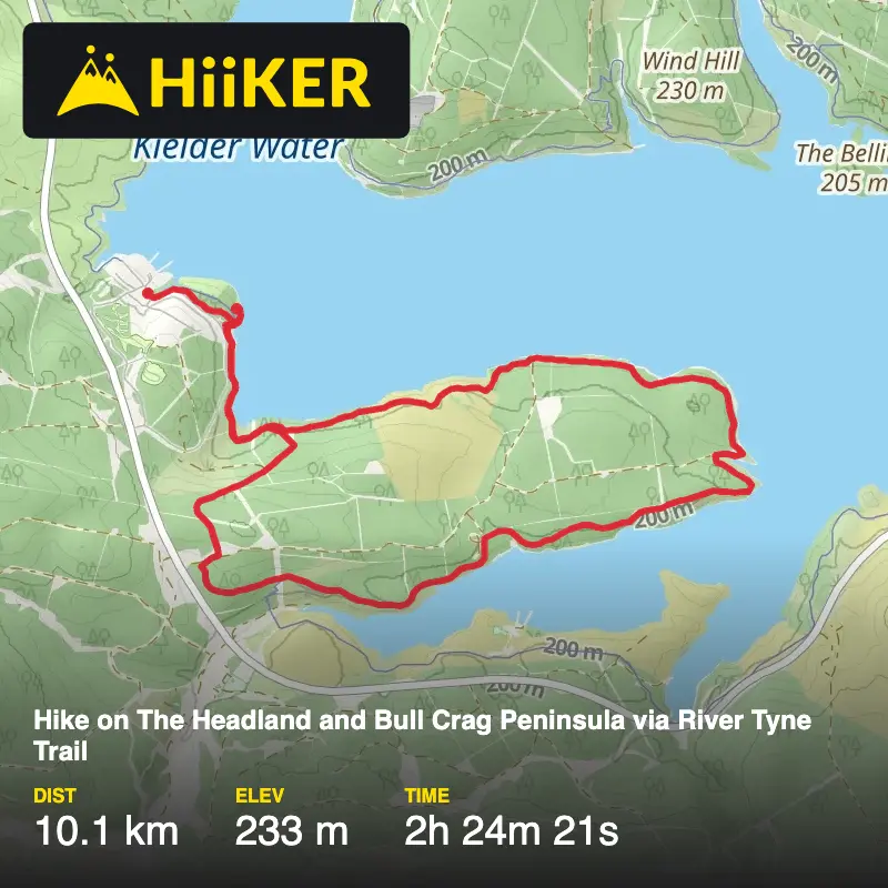 A map preview of the recording Hike on The Headland and Bull Crag Peninsula via River Tyne Trail.