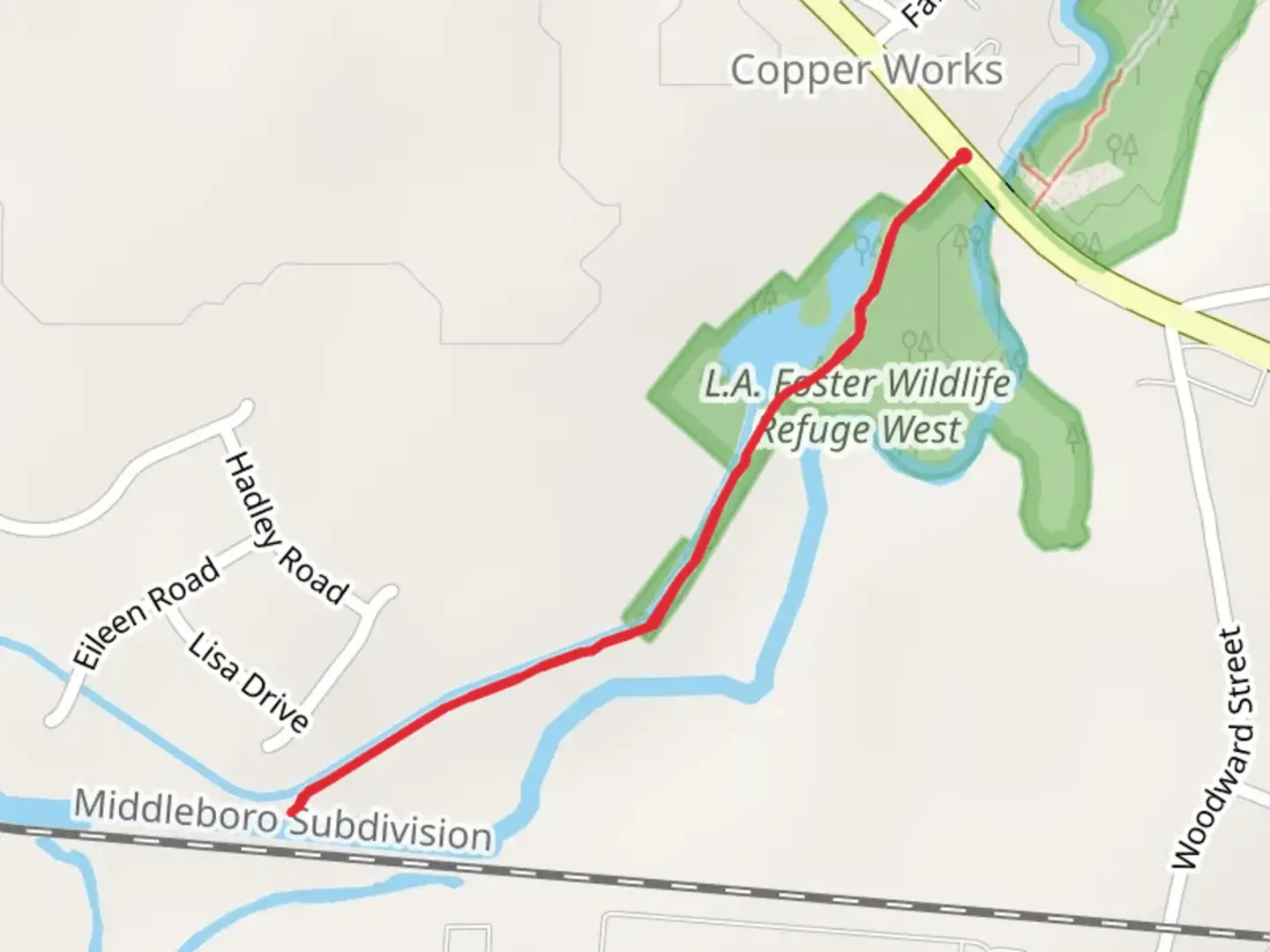 An image depicting the trail LA Foster Wildlife Refuge West to Wading River Trail and its surrounding area.