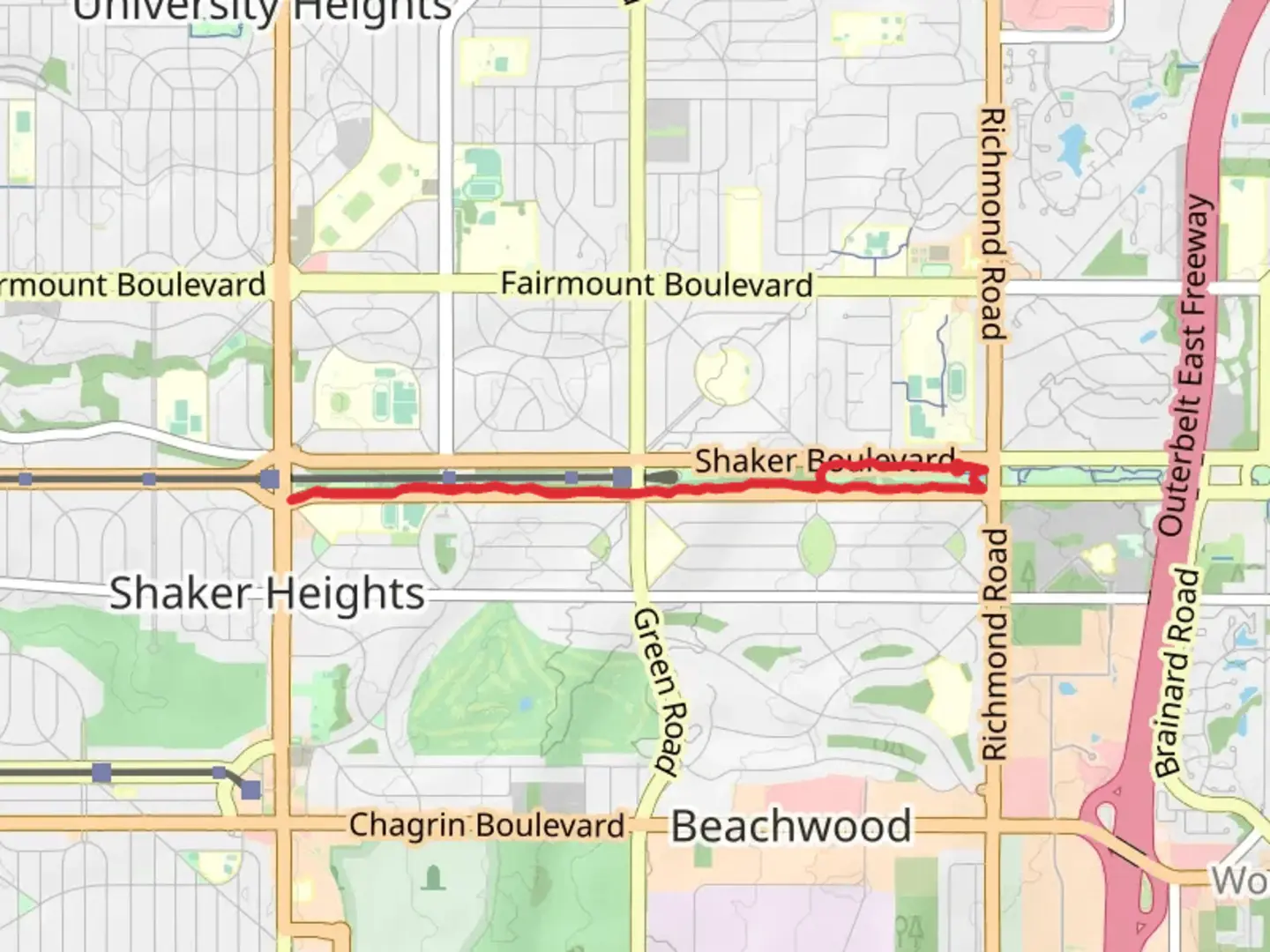 An image depicting the trail Shaker Blvd Multi Purpose Trail and its surrounding area.