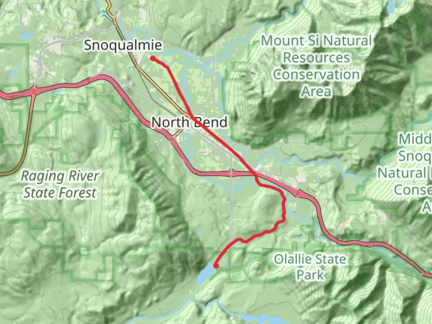 An image depicting the trail Snoqualmie Valley Trail to Rattlesnake Lake and its surrounding area.