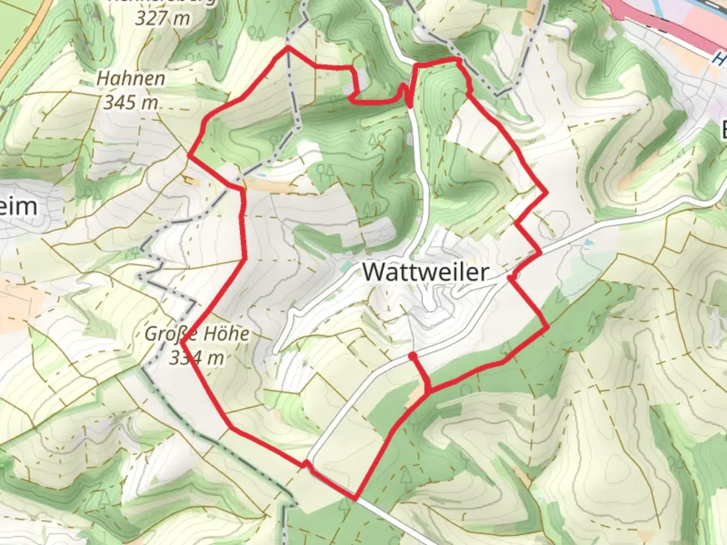 An image depicting the trail Grosse Hoehe via Kettersbergerhof and its surrounding area.