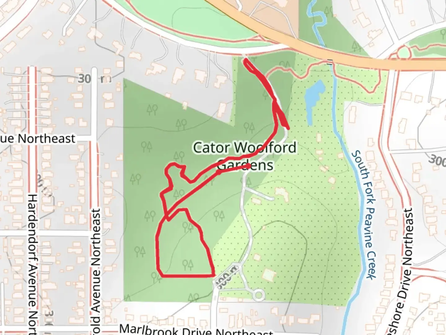 An image depicting the trail Cator Woolford Gardens Loop and its surrounding area.