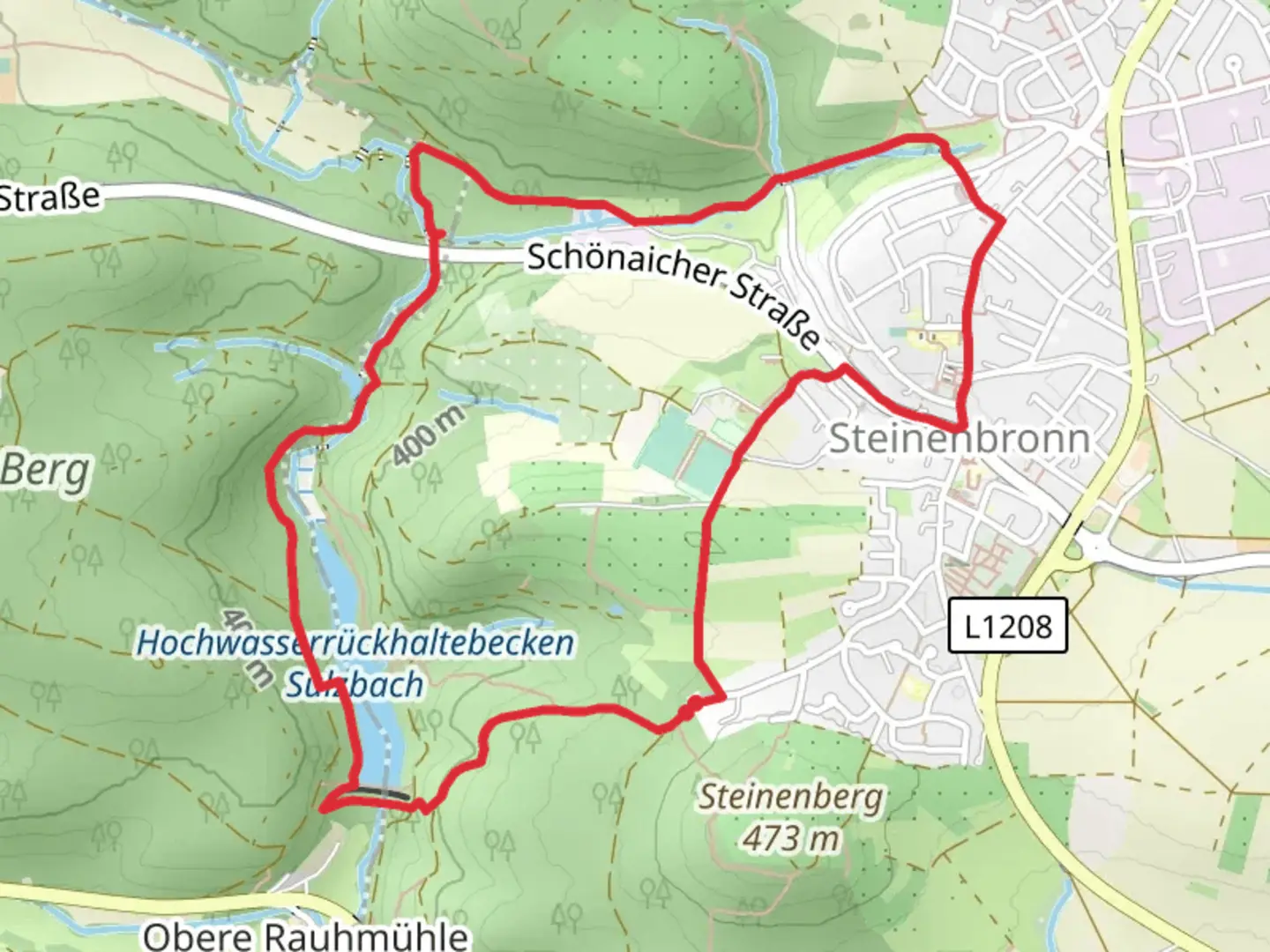 An image depicting the trail Hochwasserrückhaltebecken Sulzbach via Auf der Höhe and its surrounding area.