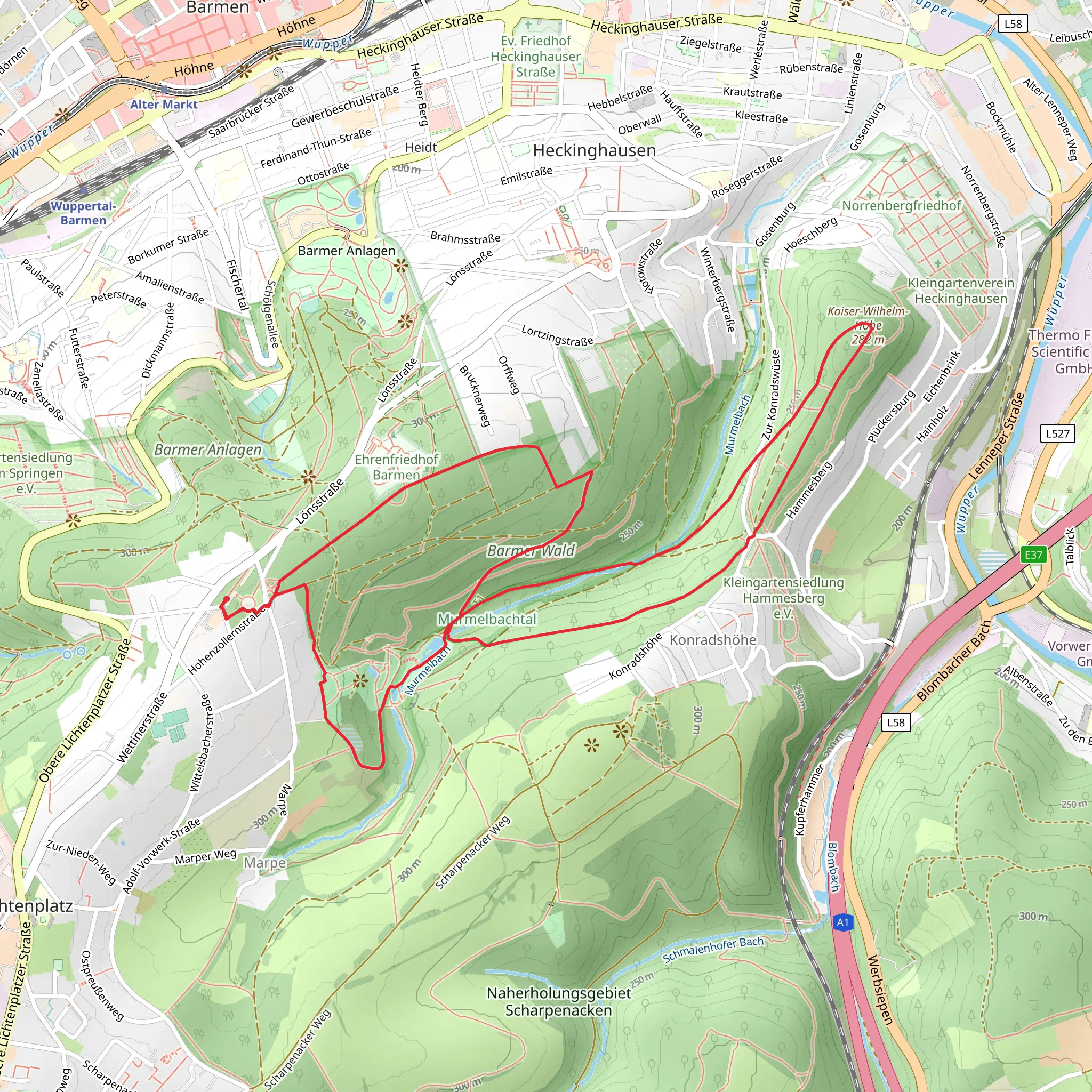 Barmer Wald and Kaiser Wilhelm Hoehe via Wupperweg mobile static map