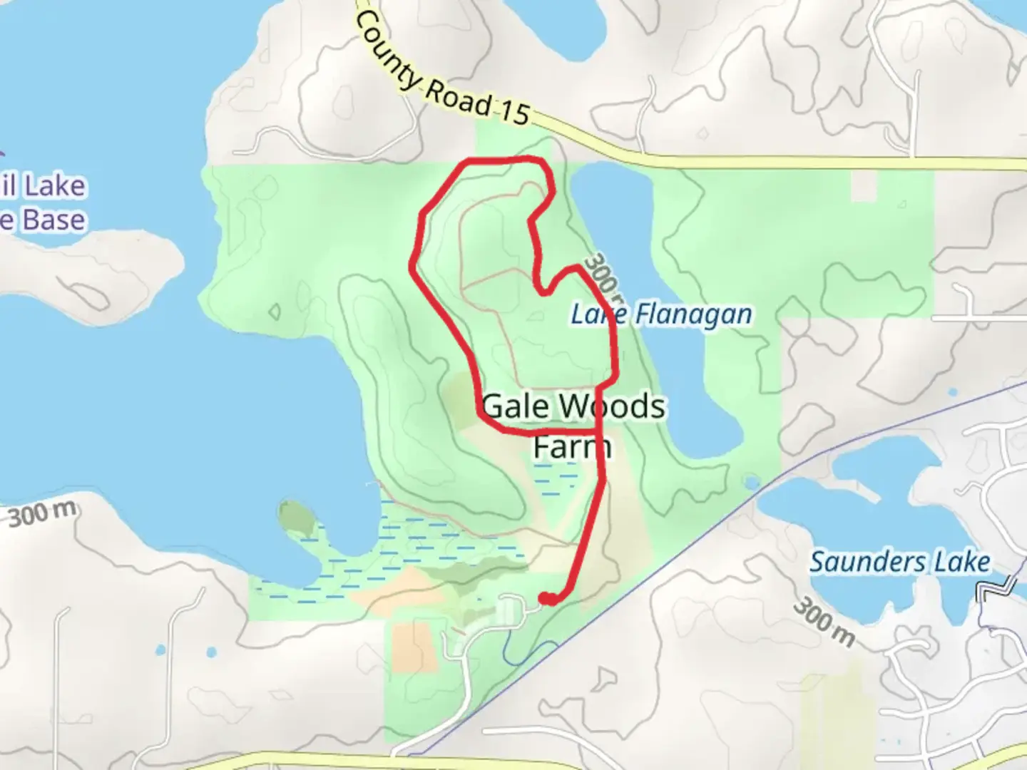 An image depicting the trail Gale Woods Farm and Lake Flanagan Westside Loop and its surrounding area.