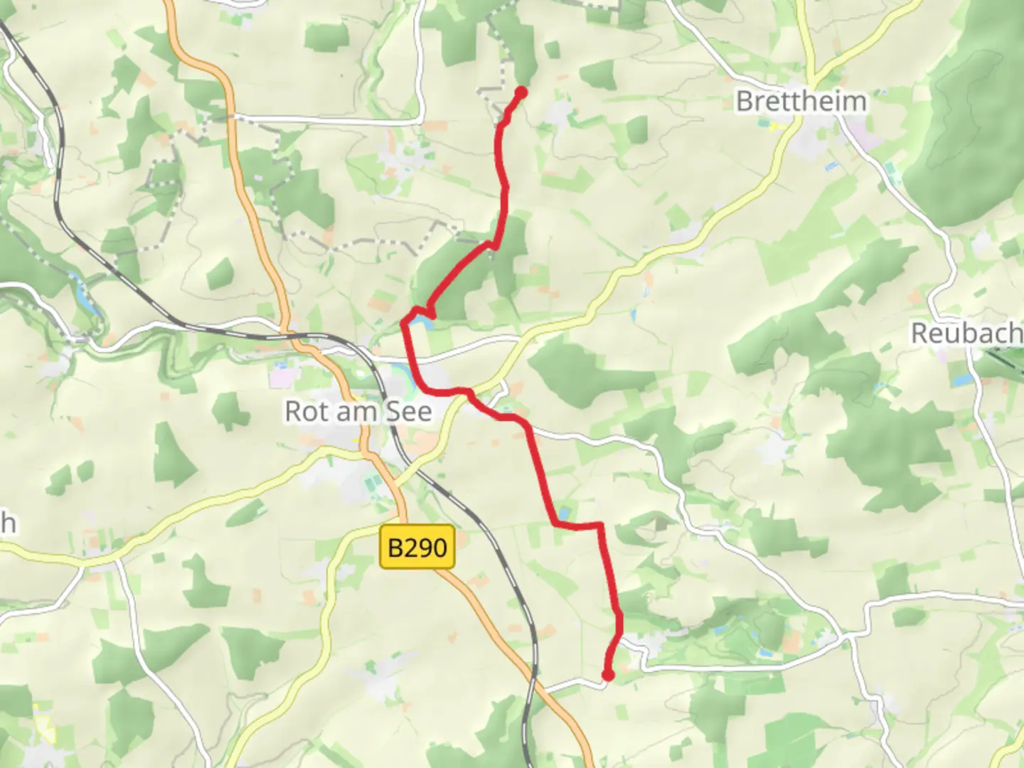 An image depicting the trail Breitlohsee via Musdorf and its surrounding area.